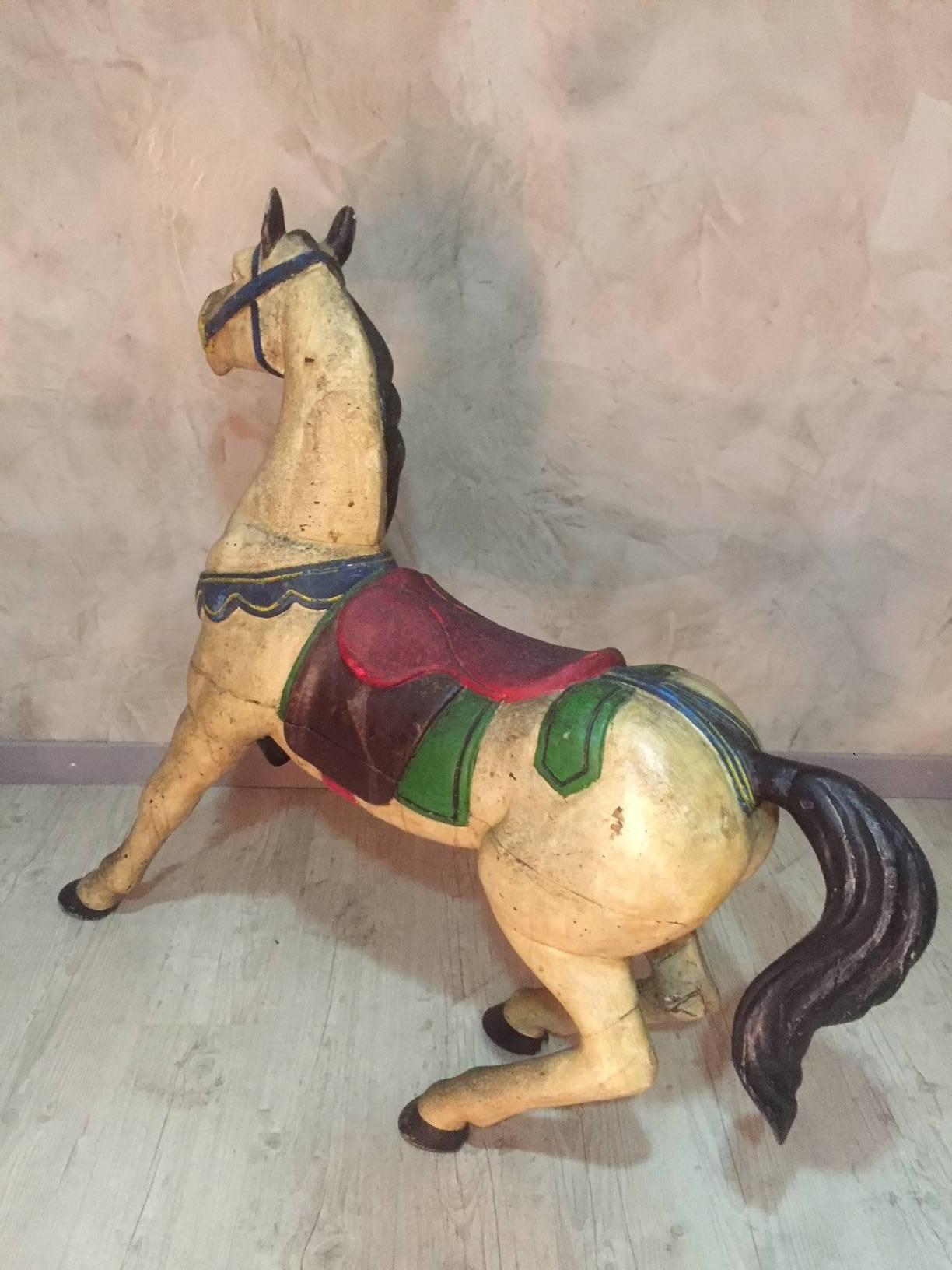 French Painted Wooden Carousel Horse Signed, Early 20th Century 1