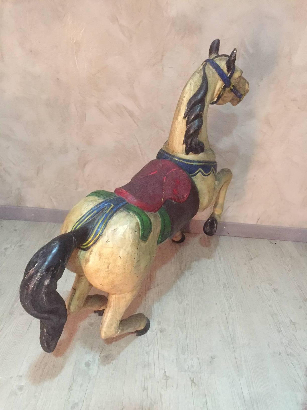 French Painted Wooden Carousel Horse Signed, Early 20th Century 2