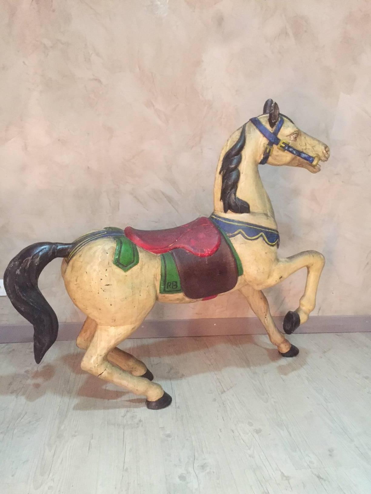 French Painted Wooden Carousel Horse Signed, Early 20th Century 3
