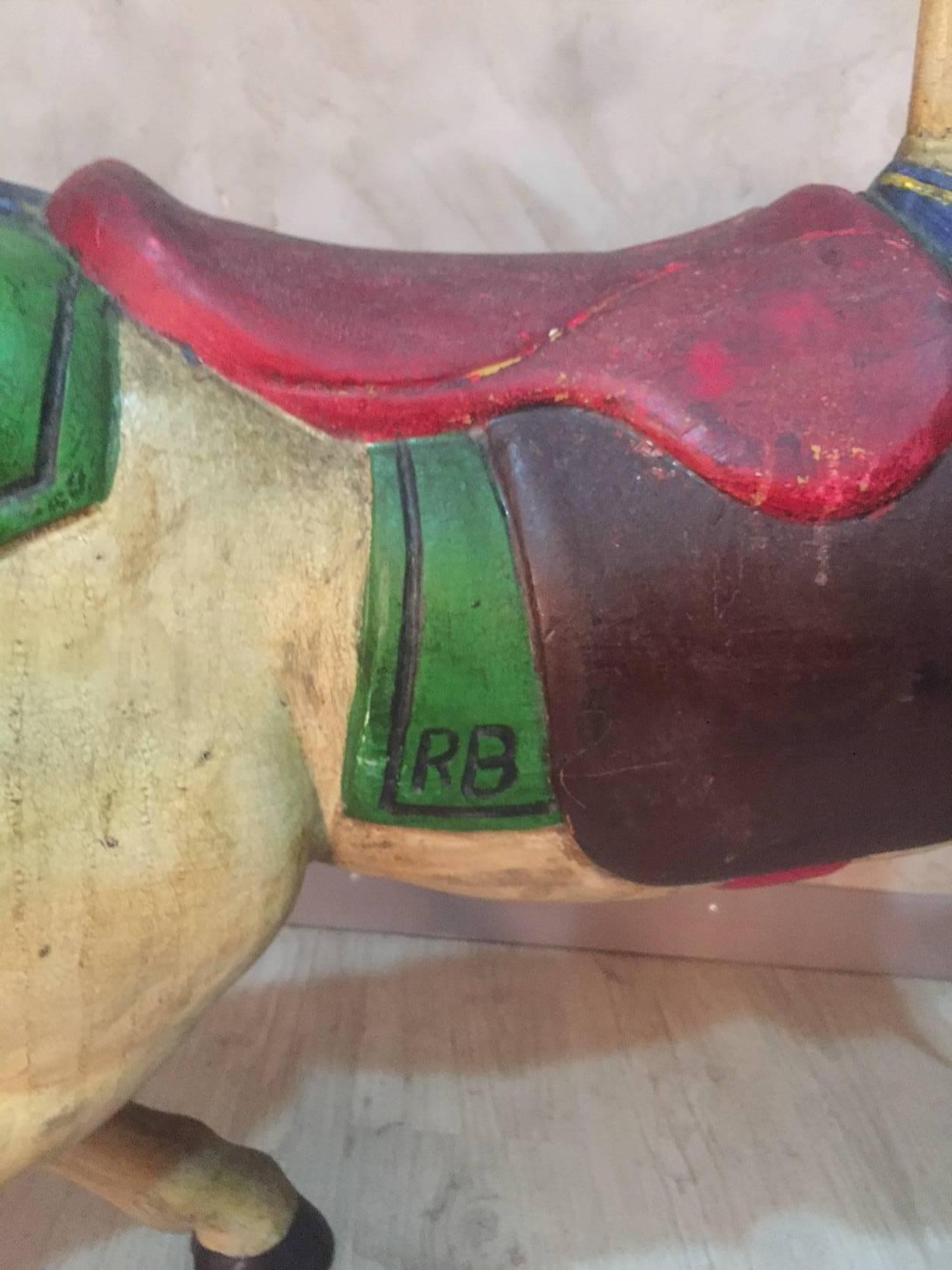 French Painted Wooden Carousel Horse Signed, Early 20th Century 4