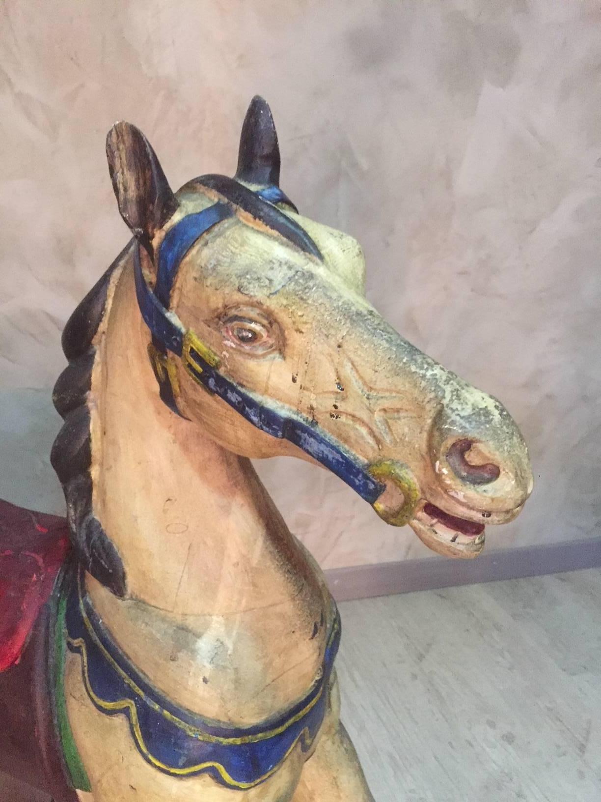 French Painted Wooden Carousel Horse Signed, Early 20th Century 5