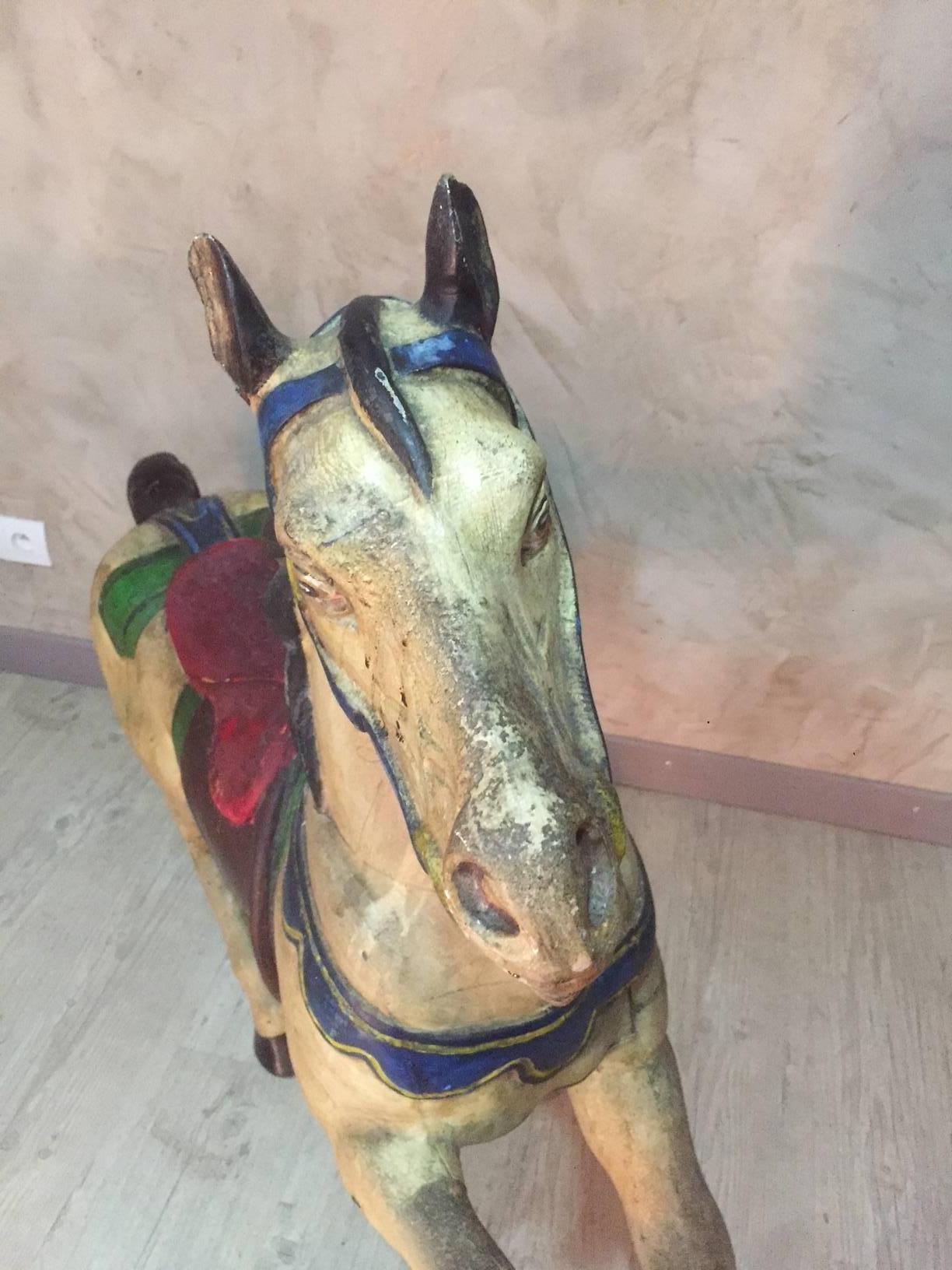 French Painted Wooden Carousel Horse Signed, Early 20th Century 6