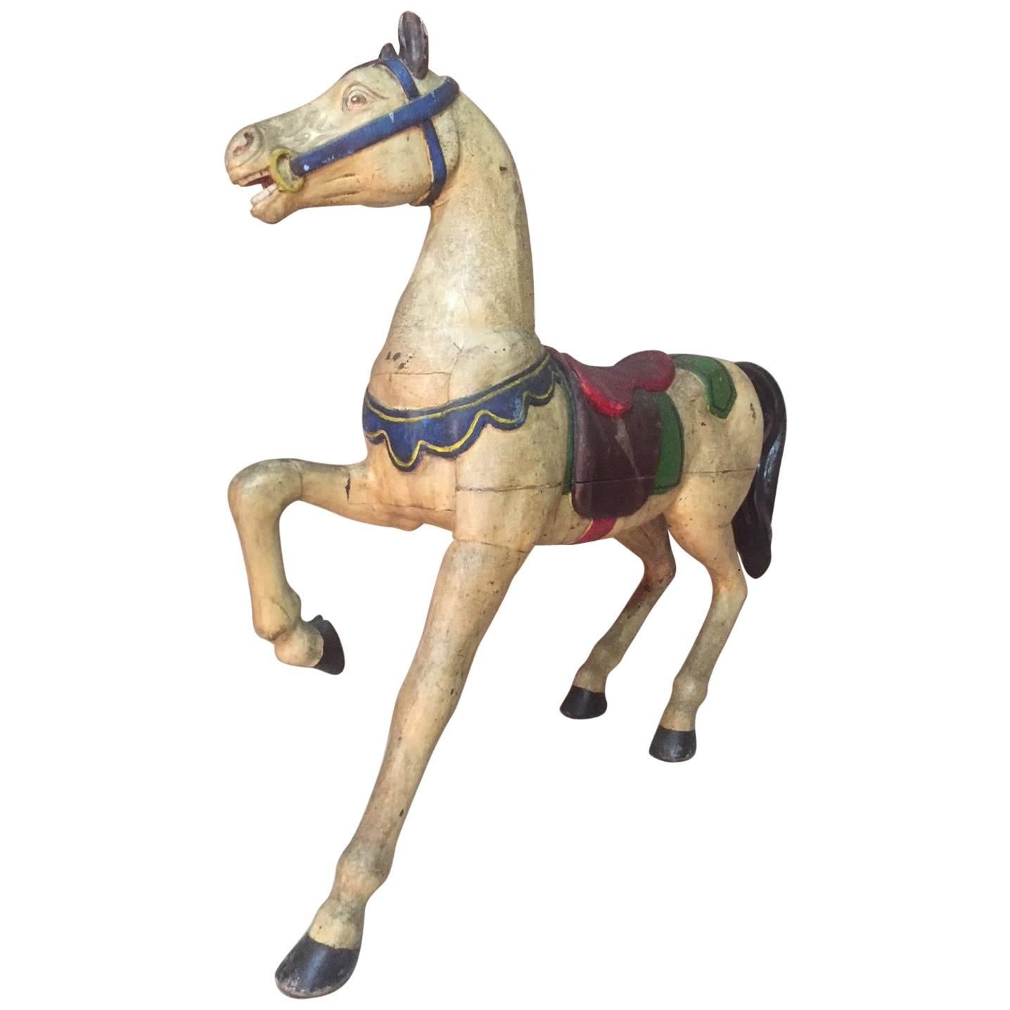 French Painted Wooden Carousel Horse Signed, Early 20th Century