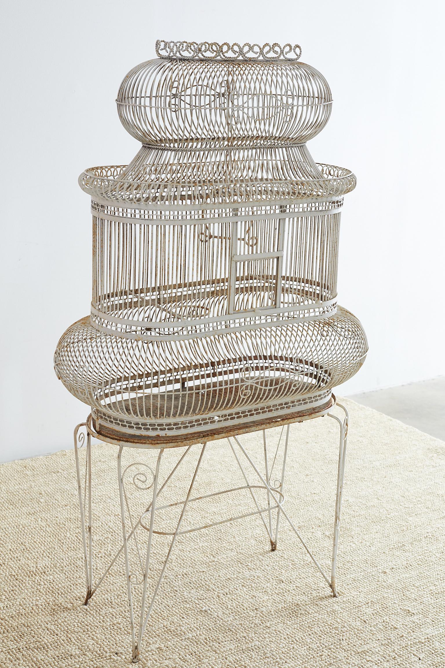 French Painted Wrought Iron Bird Cage on Stand 1