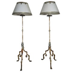 French Painted Wrought Iron Standing Lamps with Parchment Shades, a Pair
