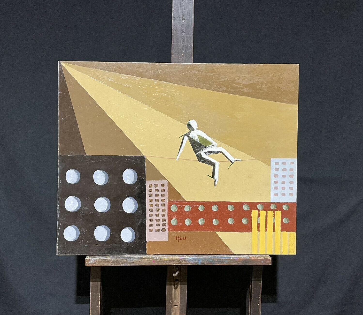 CONTEMPORARY FRENCH CUBIST ABSTRACT - GEOMETRIC COMPOSITION - TIGHTROPE WALKER - Painting by French painter