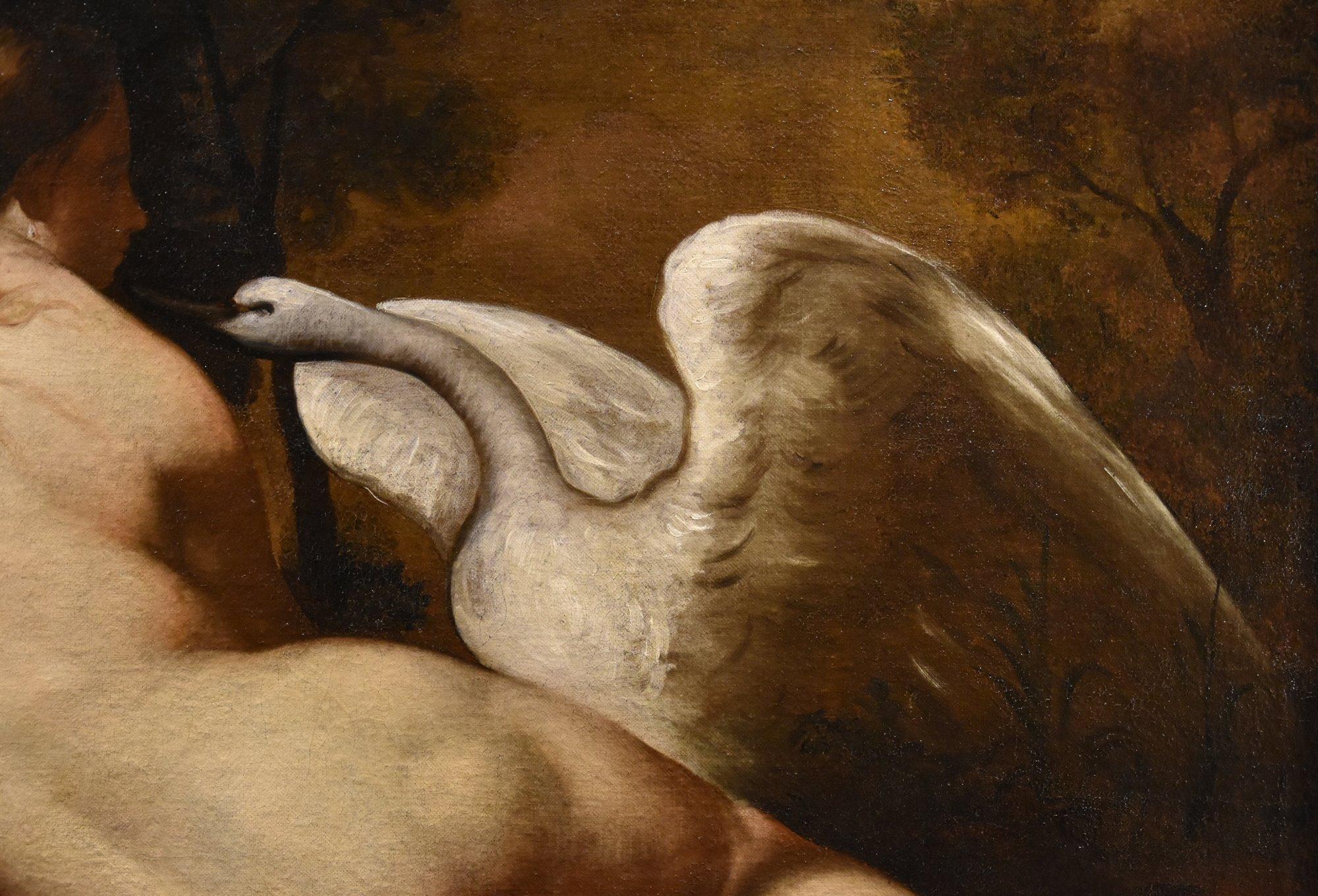 Peintre française Leda Swan mythologique huile sur toile 18ème siècle - Marron Landscape Painting par  French Painter Of The Late 18th