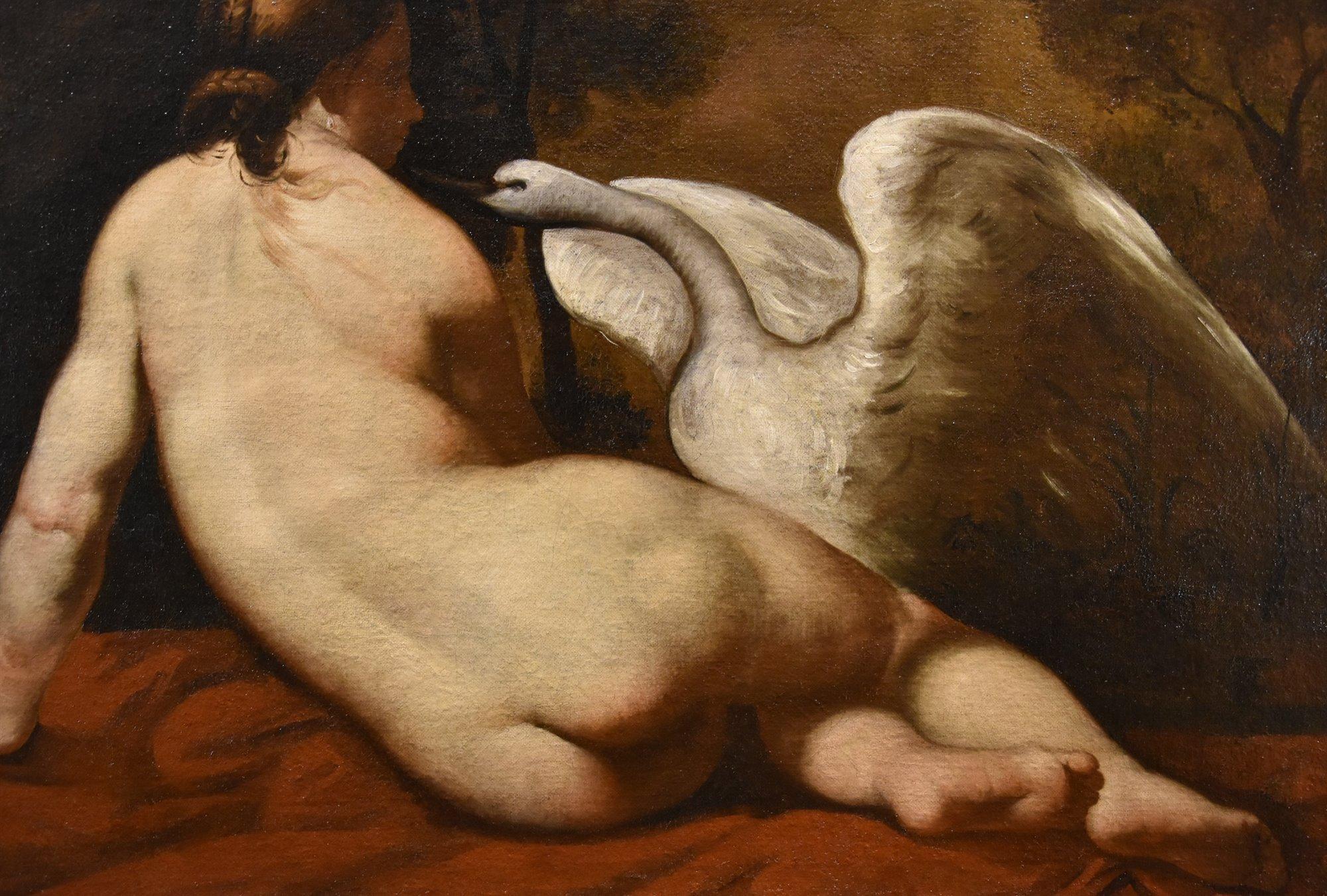 
Peintre français de la fin du XVIIIe siècle et du début du XIXe siècle  

Léda et le cygne (Source littéraire : Métamorphoses d'Ovide, livre VI)  

Huile sur toile  95 x 126 cm Encadré 109 x 142 cm  

Ce charmant tableau, destiné à l'origine à