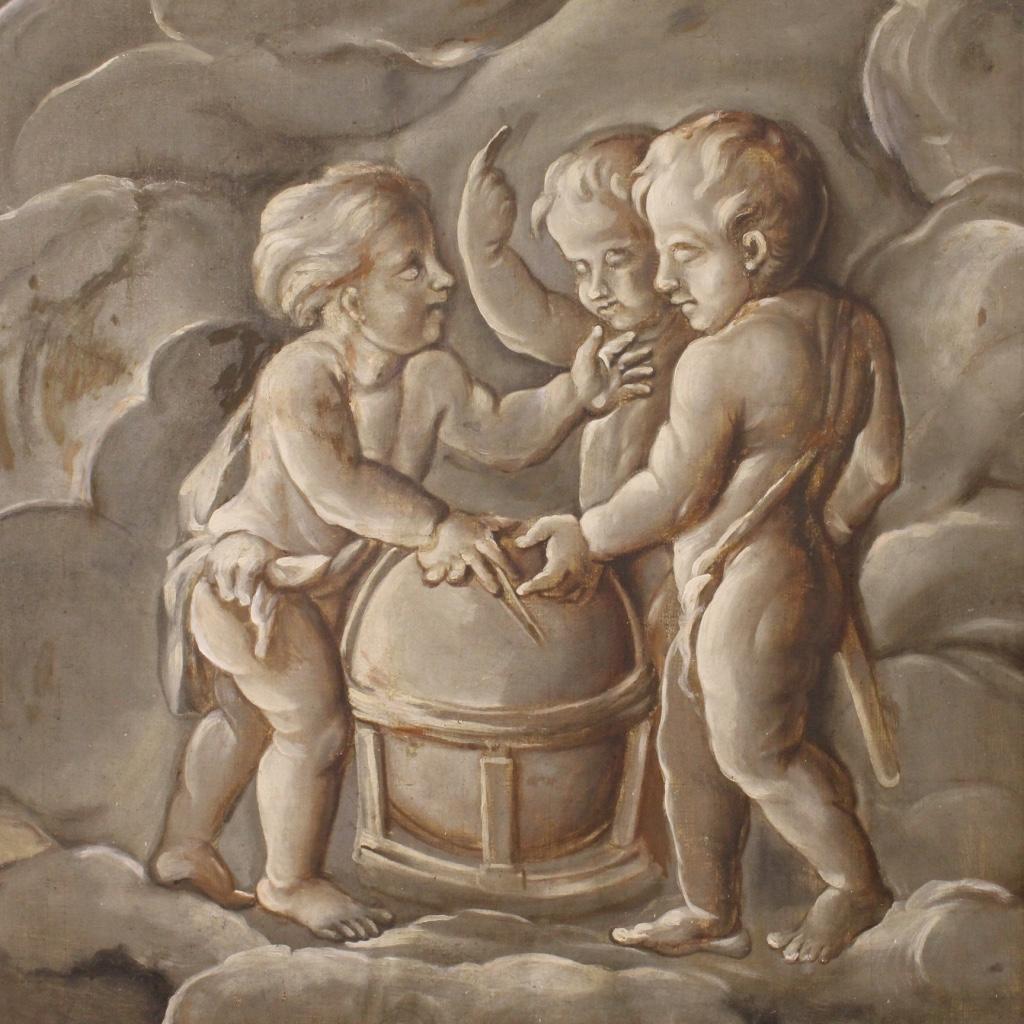 French painting from the second half of the 19th century. Grisaille oil on canvas depicting allegory of astronomy with cherubs, of good pictorial quality. High quality painting, restored and re-covered during the 20th century. Painting belonging to