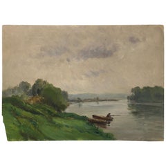 French Painting, Boats and Fisherman in French Countryside