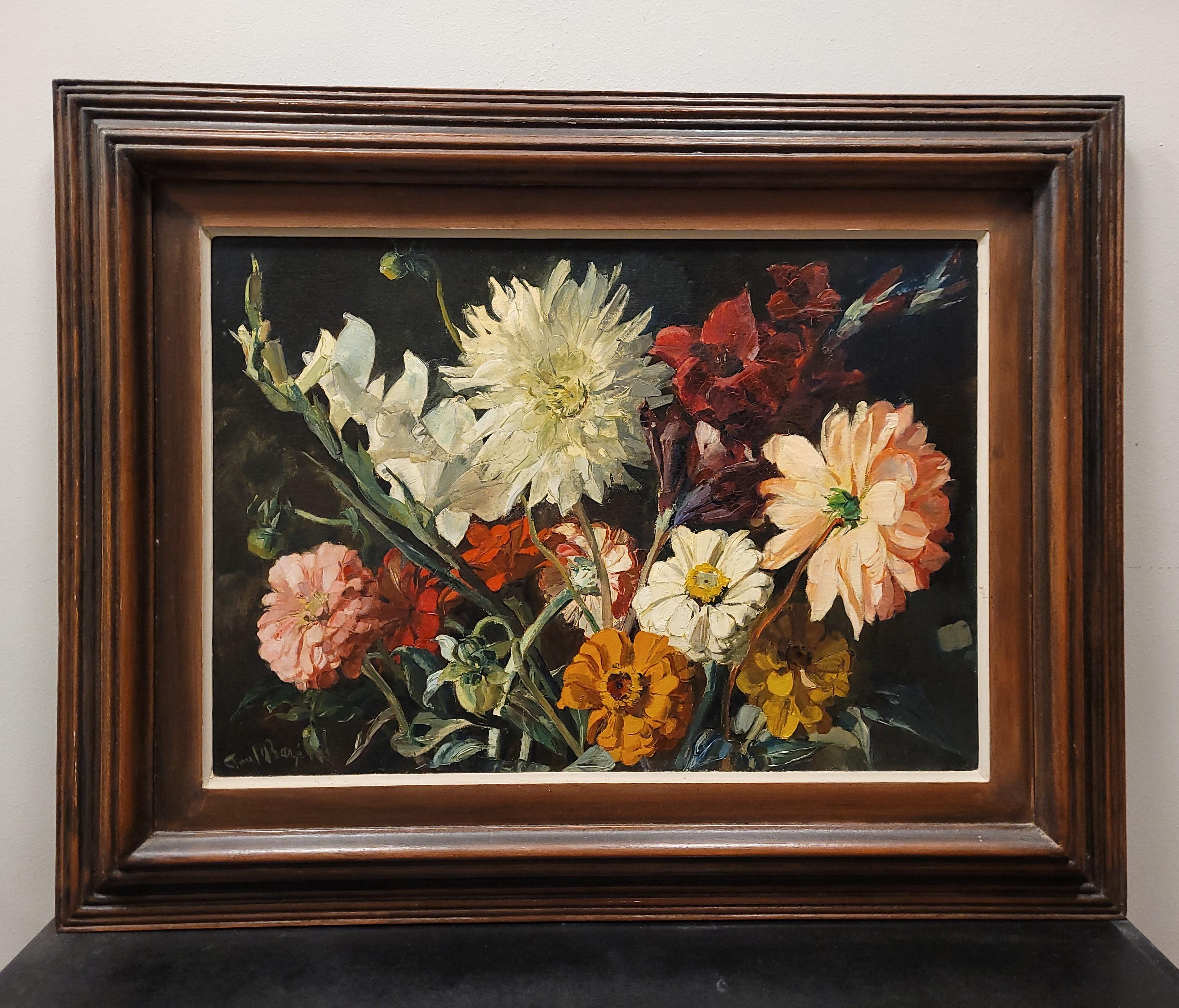 Impressive and very beautiful  oil on panel made by Paul Robert Bazé, an artist of French origin. It represents a still life with a bouquet of flowers in the foreground on a dark background. It mainly shows dahlias and camellias, which give the work