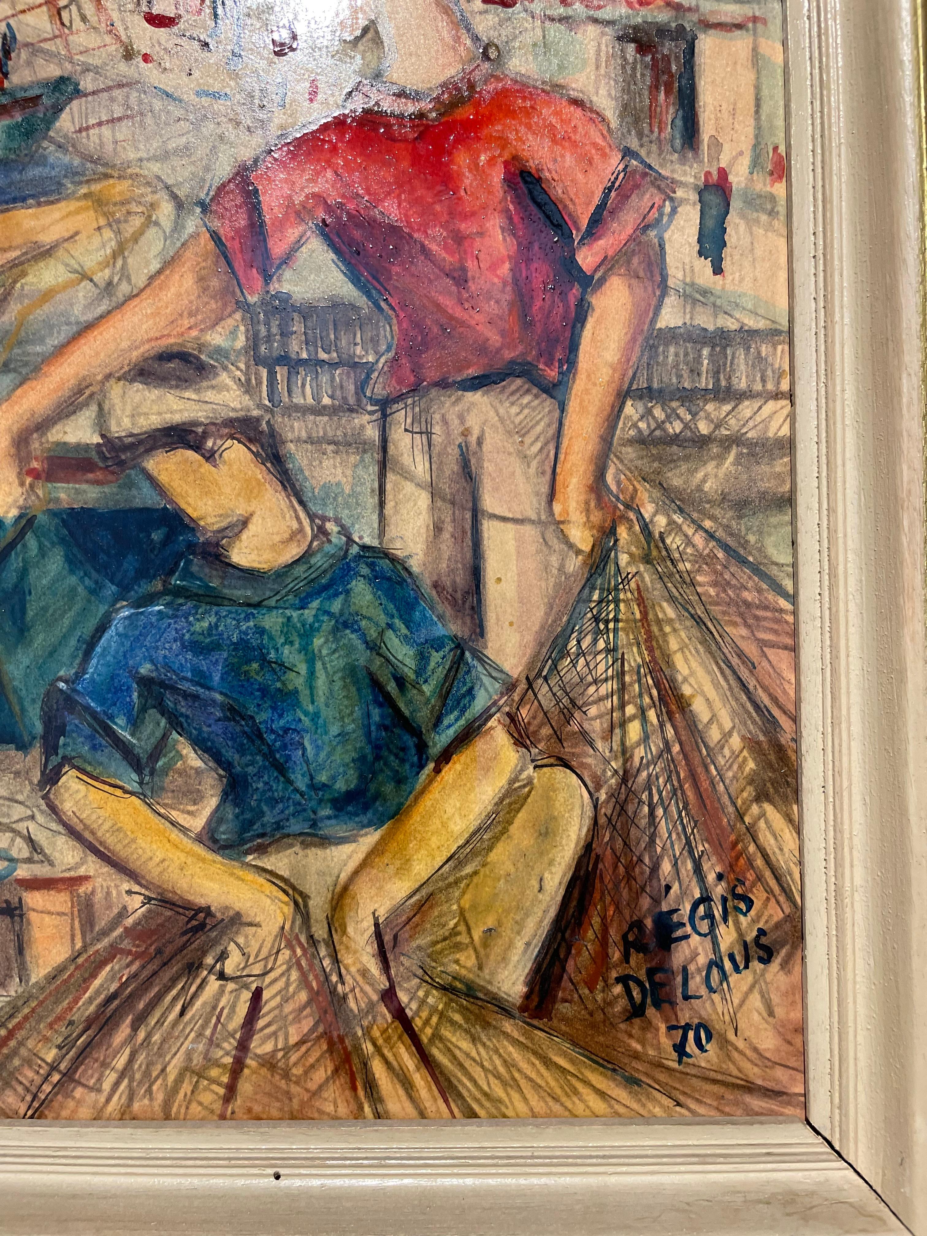 Hand-Painted French Painting Fisherman at the Port of Marseilles Signed Regis Delous 1970