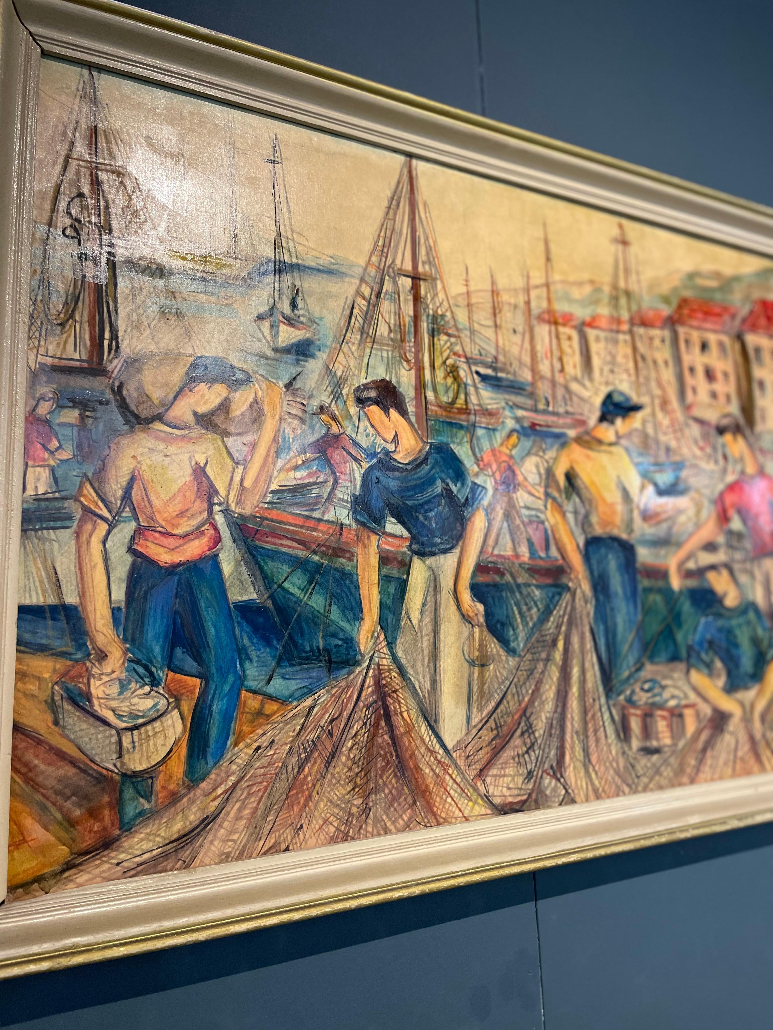 Late 20th Century French Painting Fisherman at the Port of Marseilles Signed Regis Delous 1970