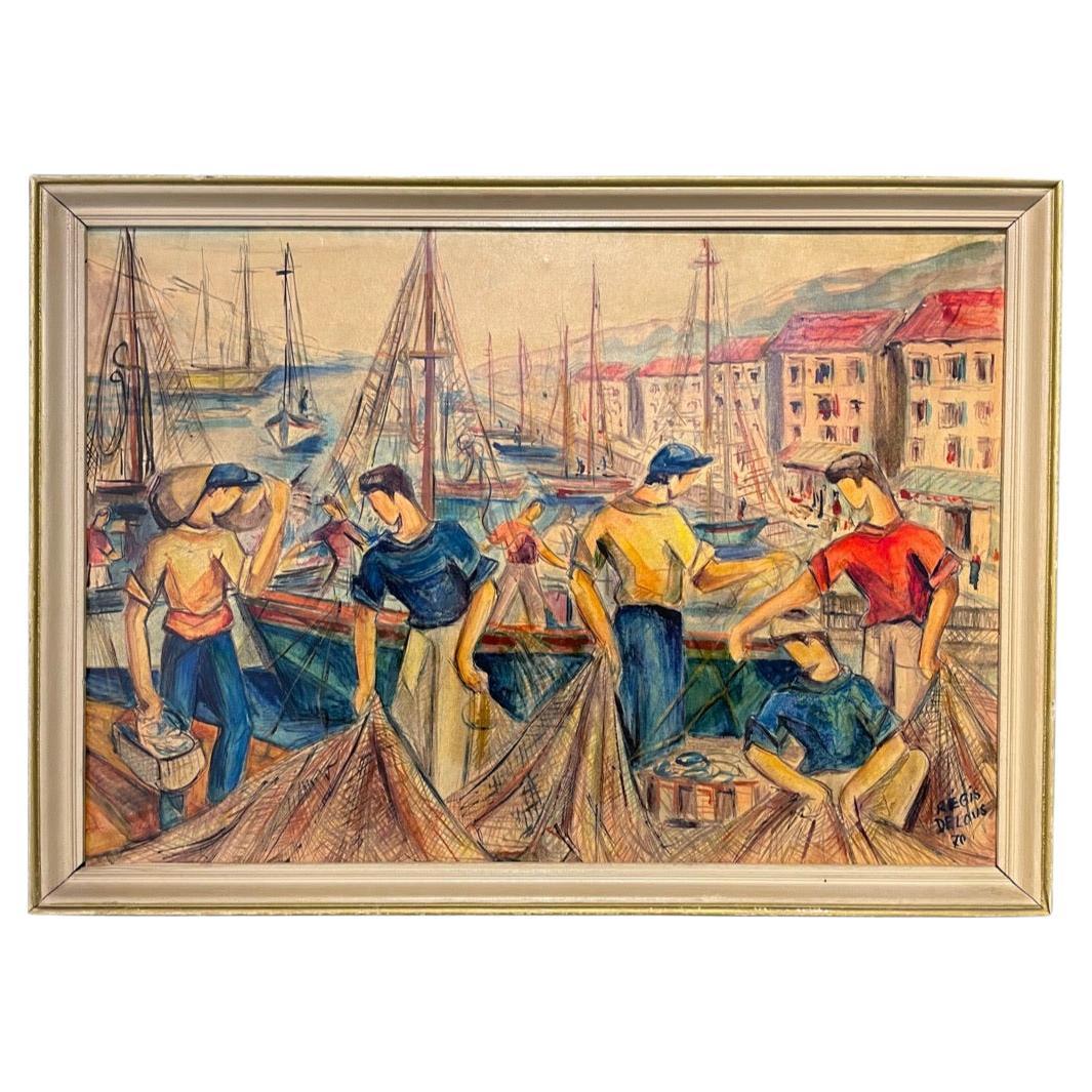 French Painting Fisherman at the Port of Marseilles Signed Regis Delous 1970