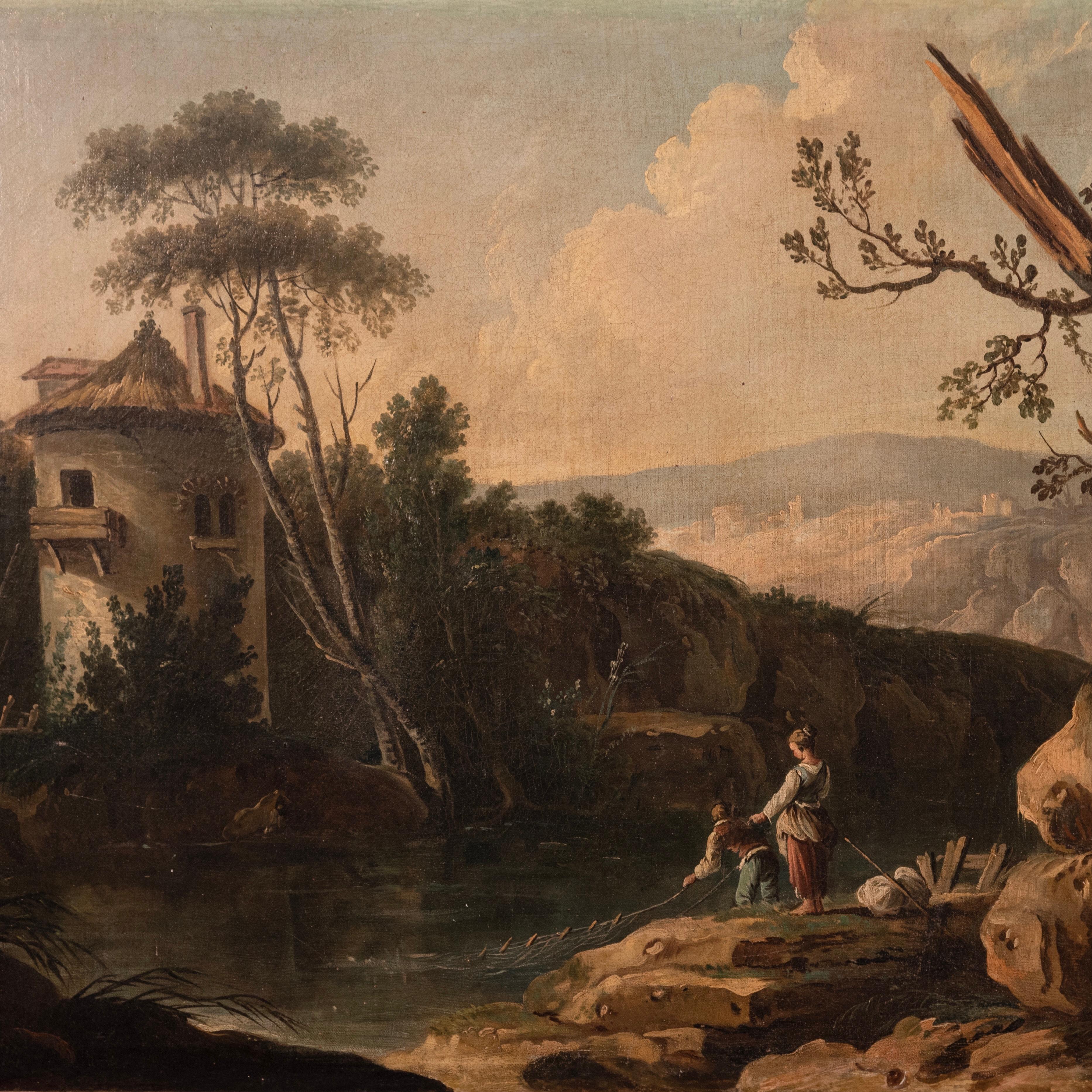 18th Century French Rocky Landscape with Fisher Painting 