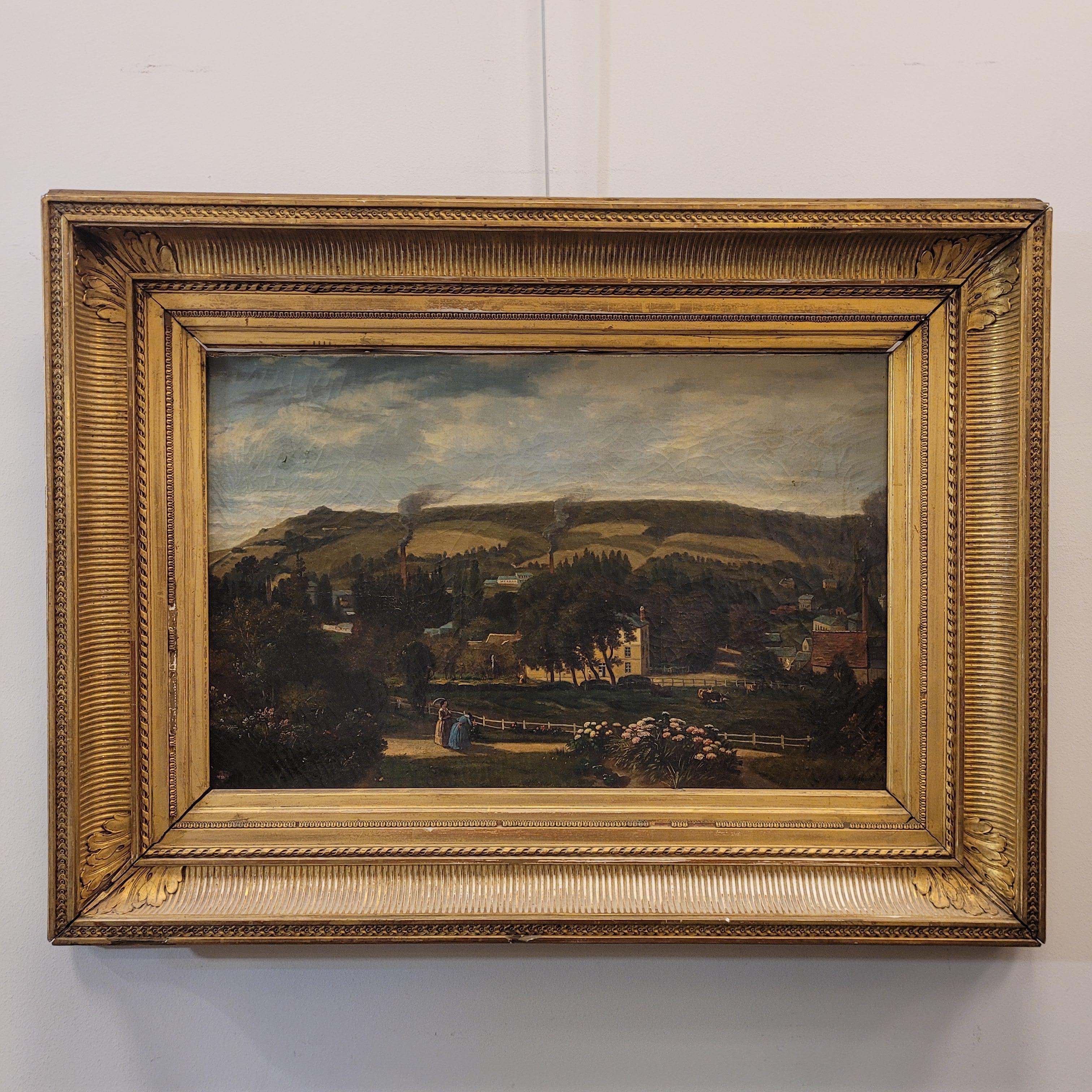 Exceptional and one of a kind  oil on canvas signed by Narcisse Berchère, a renowned artist of French origin. In it, the author masterfully captures the tranquil beauty of the landscape, using a palette of soft and muted colors. This is the town of