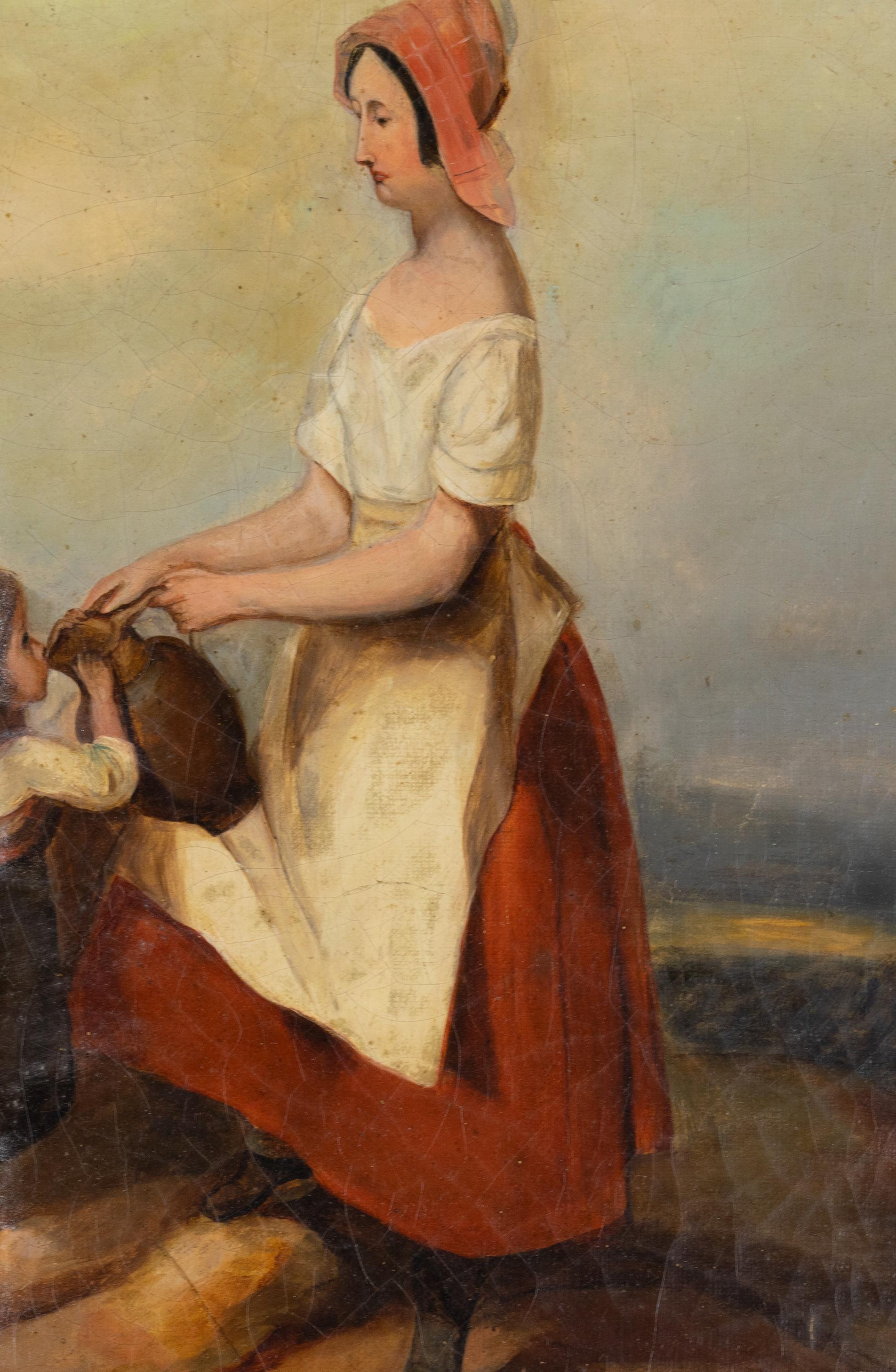 Ein zärtlicher Moment zwischen Mutter und Kind ist in diesem französischen Ölgemälde aus dem 19. Jahrhundert mit dem Titel 