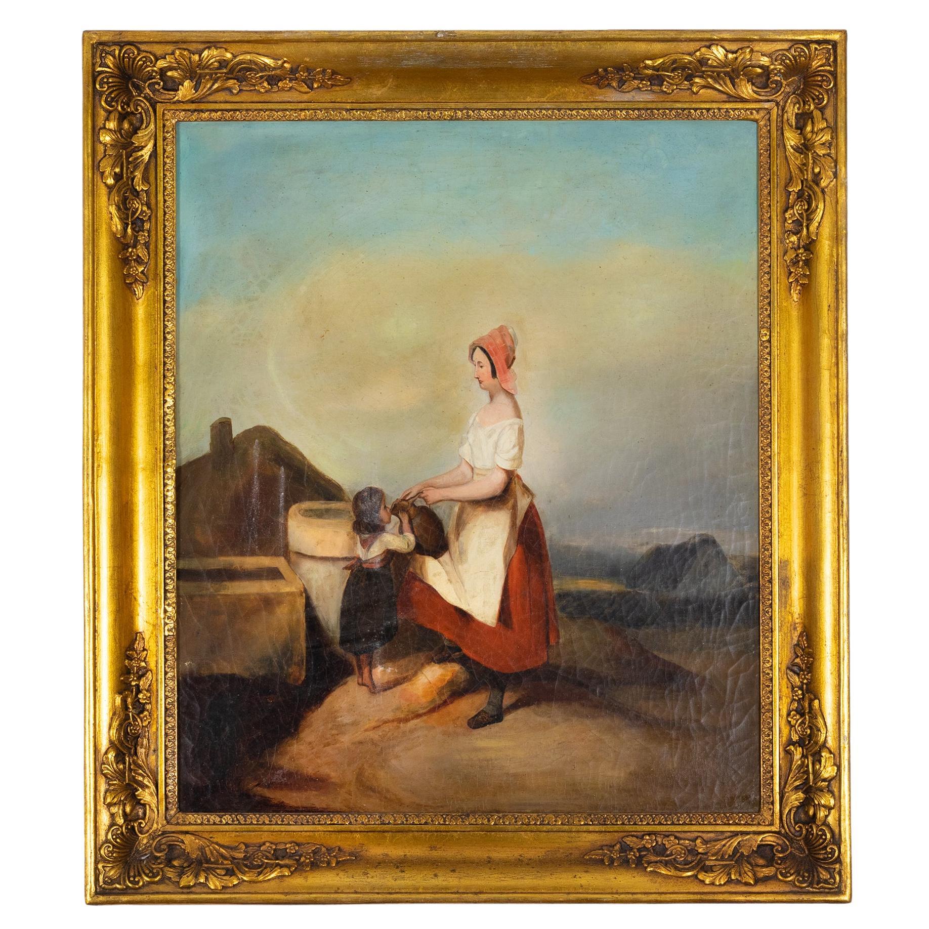 Peinture française, Mère et enfant par E. Picart, 19ème siècle