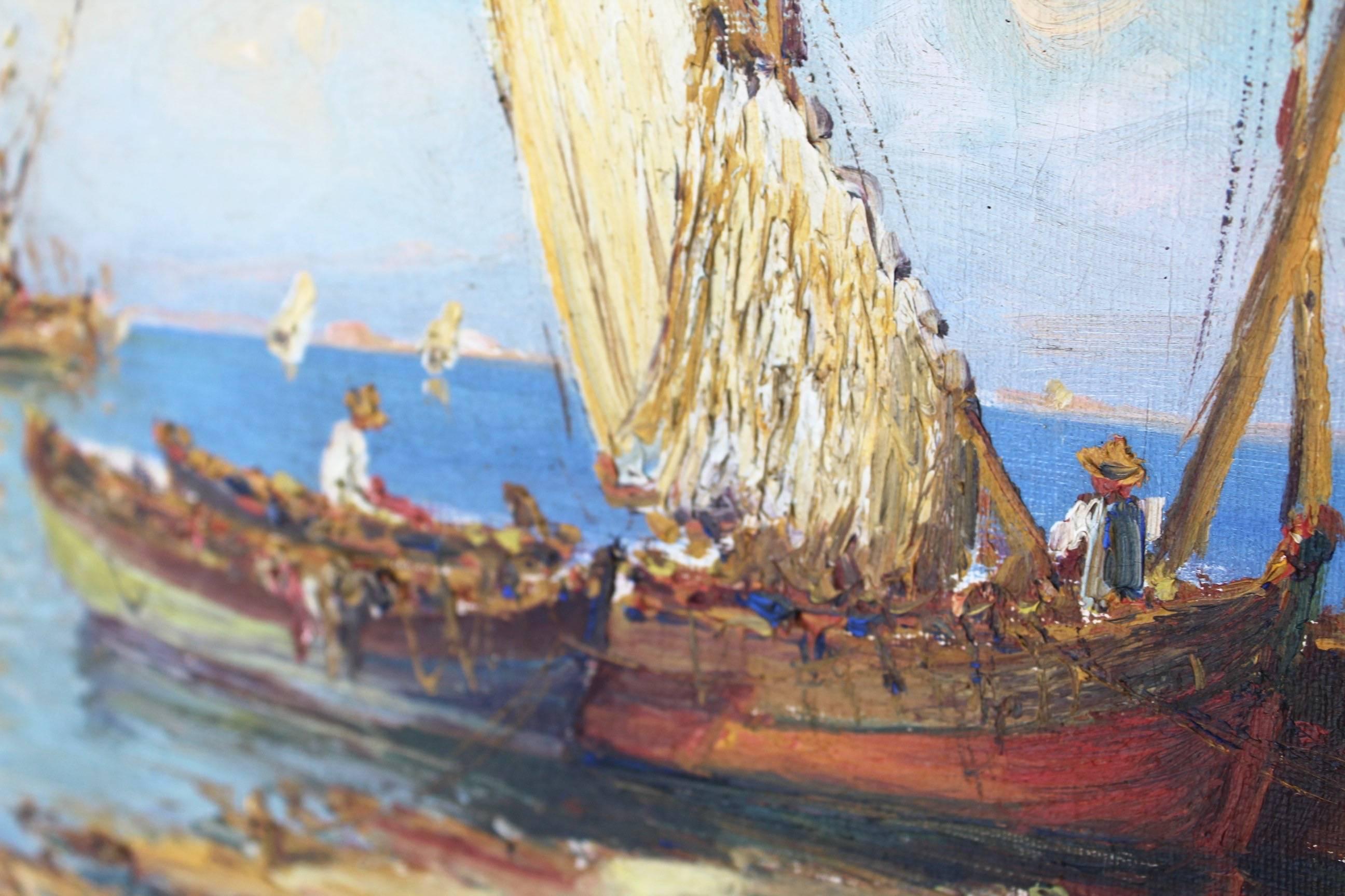 Painted French Painting of a Mediterranean Port by D.Manago