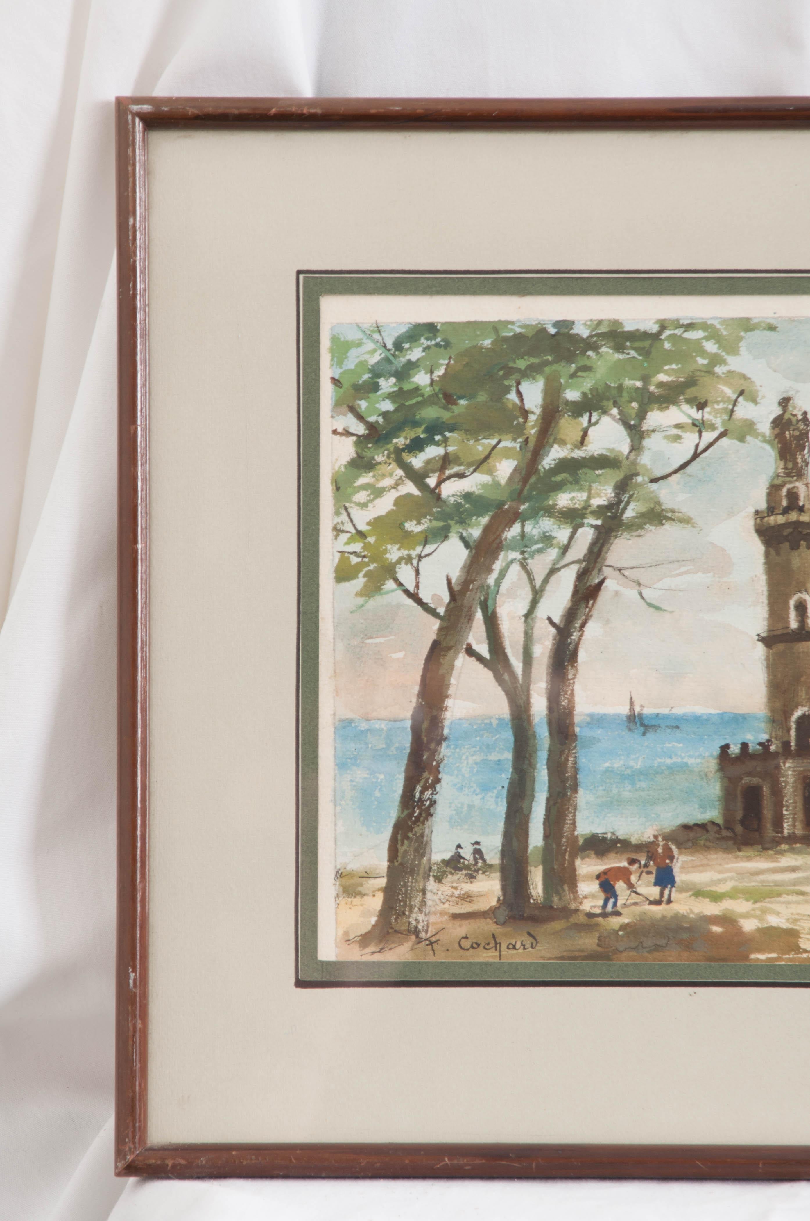 Tranquil painting of French seaside with a castle-like folly topped with a statue is framed in distressed wood and signed by the artist, F. Cochard. 
 