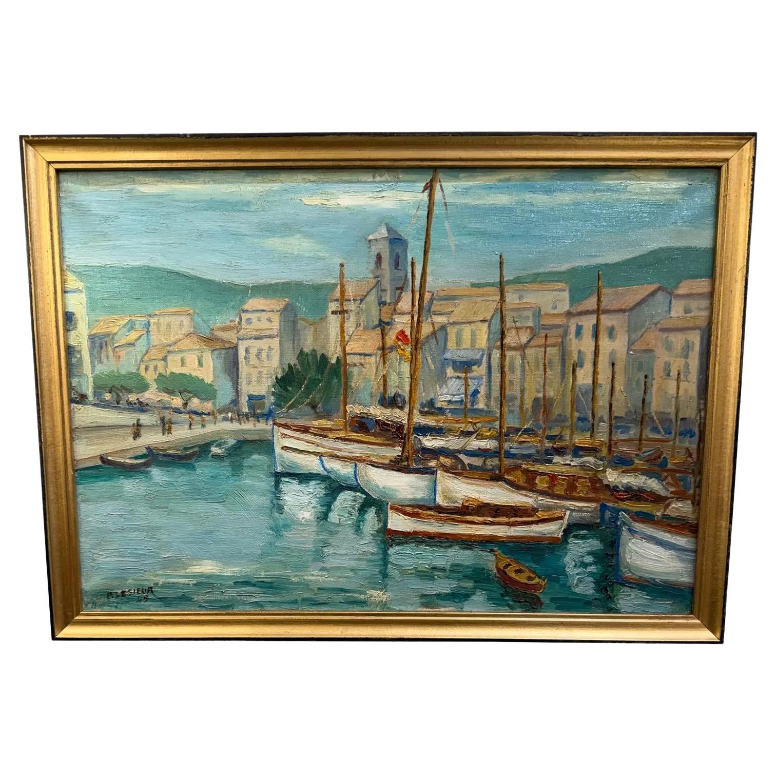 French Painting of Boats in Harbor