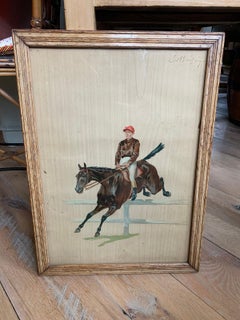 French Painting of Jumping Racehorse & Jockey, Signed, Poss. by Eugene Pechaubes