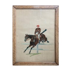 French Painting of Jumping Racehorse & Jockey, Signed, Poss. by Eugene Pechaubes