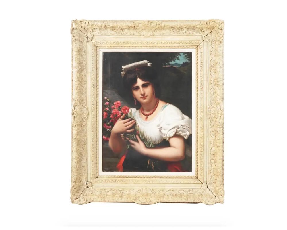 Pierre Louis Joseph de Coninck, French, 1828 to 1910, an oil on canvas female portrait painting depicting a woman holding flowers. Signed lower left. Framed. Antique Female Portrait Paintings And French Art Collectibles.

Dimensions: Framed 44 3/4