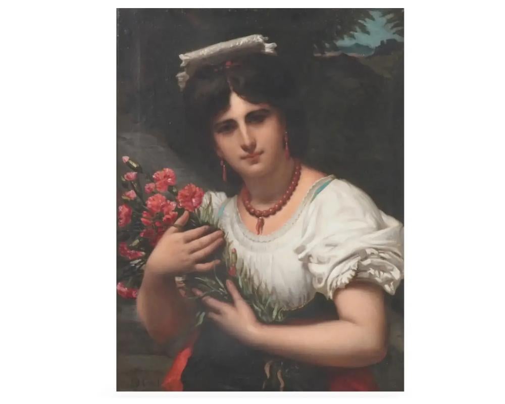 Oiled French Painting of Woman with Flowers by Coninck