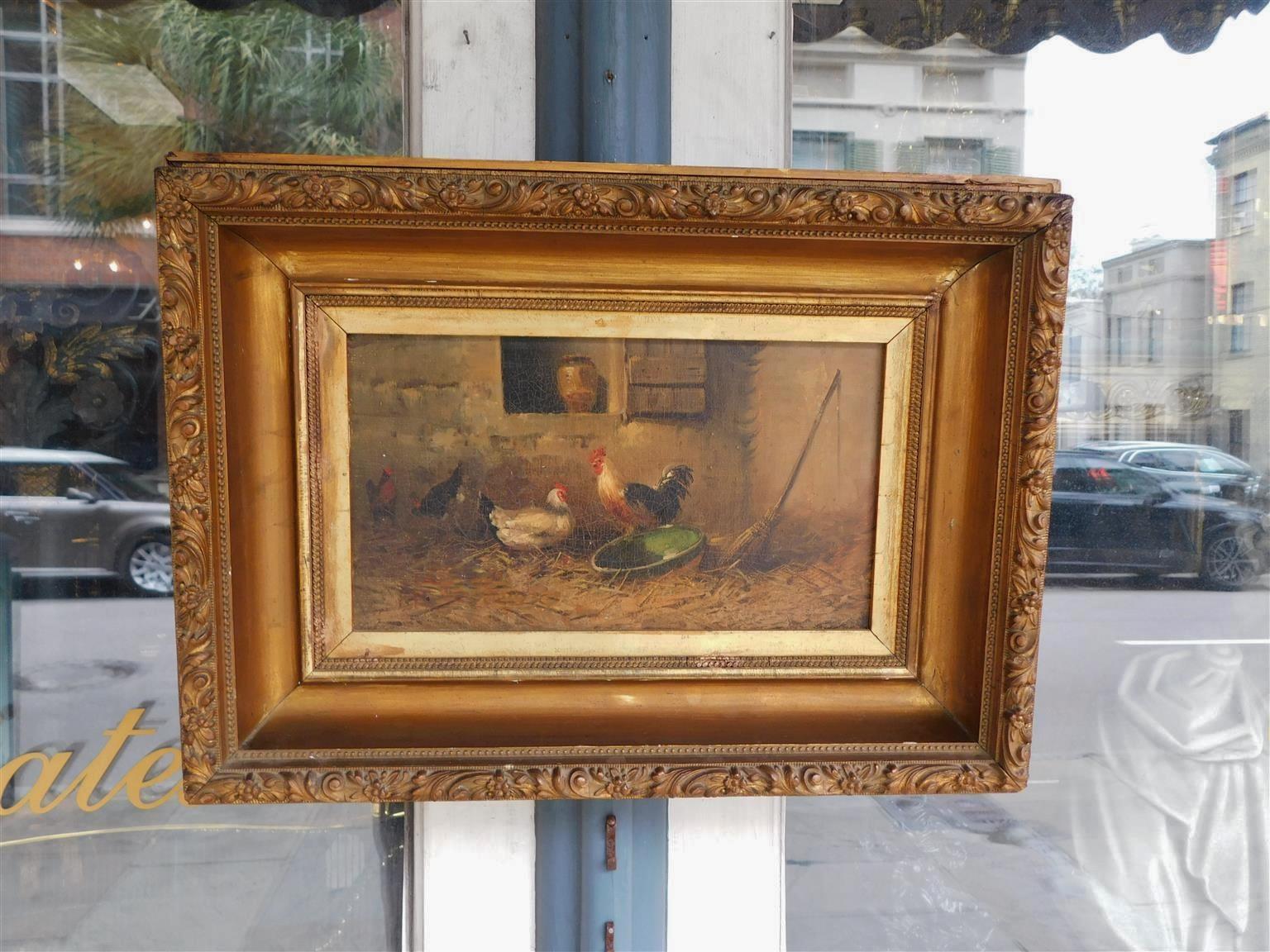 French painting oil on canvas gilt wood and gesso framed foliage rooster and hen barn yard scene with bowl and straw broom, Late 19th Century