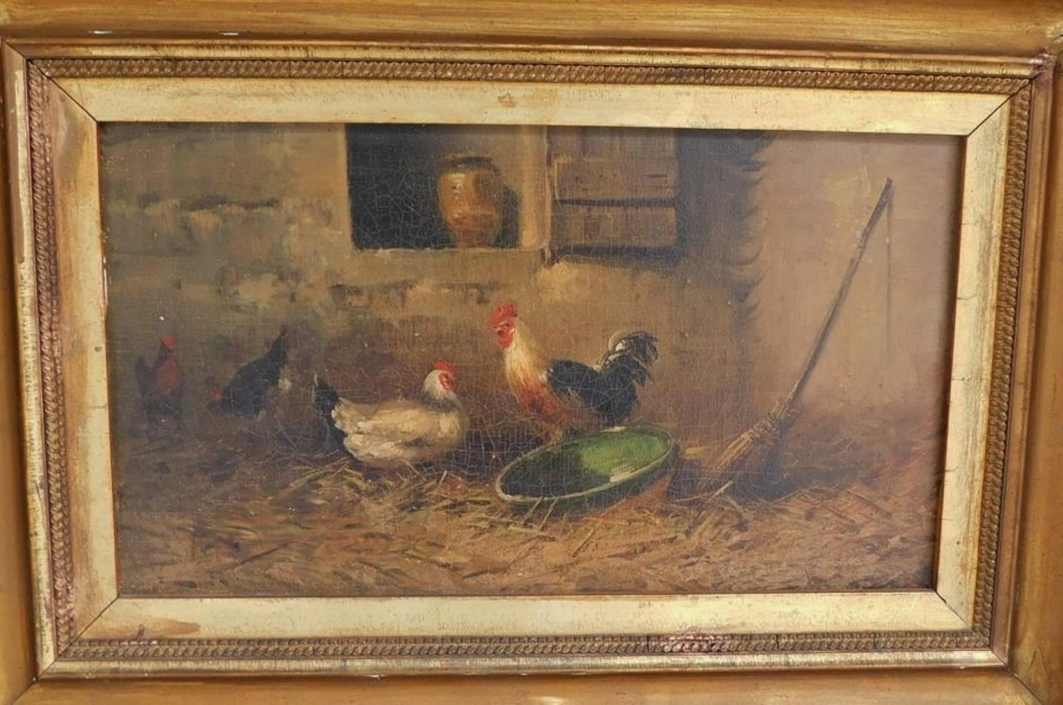 Napoleon III French Painting Oil on Canvas Framed Rooster and Hen Barn Yard Scene, C. 1870