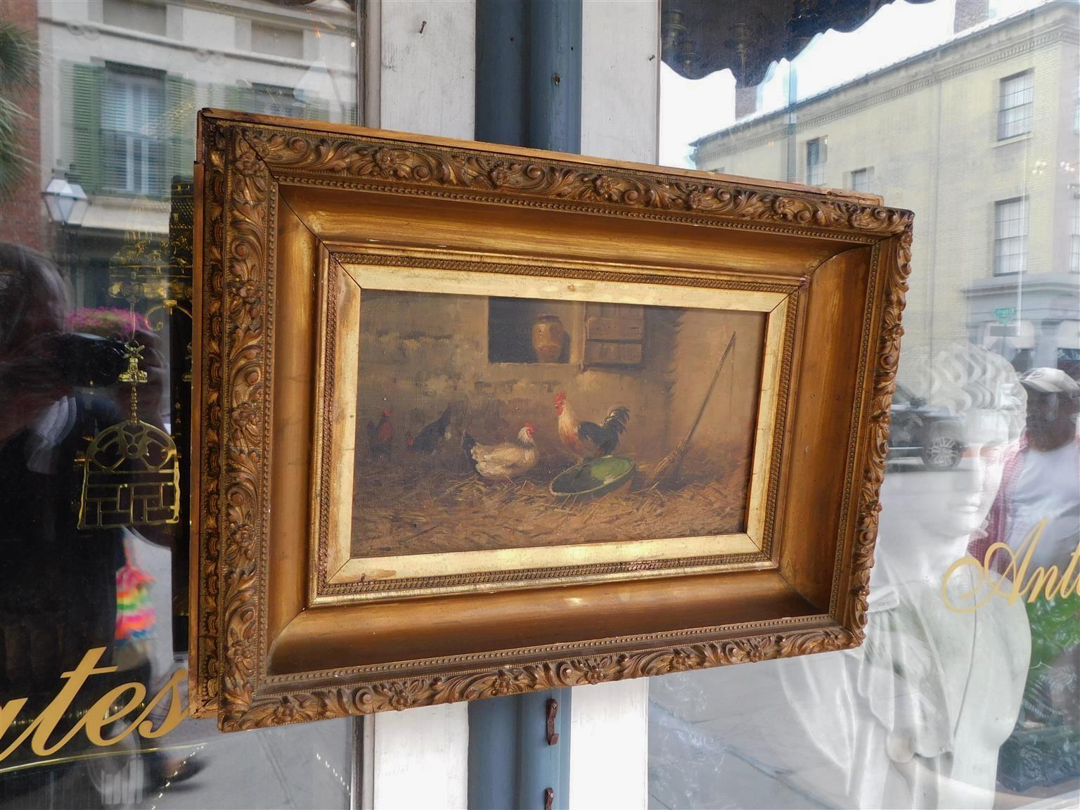 Oiled French Painting Oil on Canvas Framed Rooster and Hen Barn Yard Scene, C. 1870