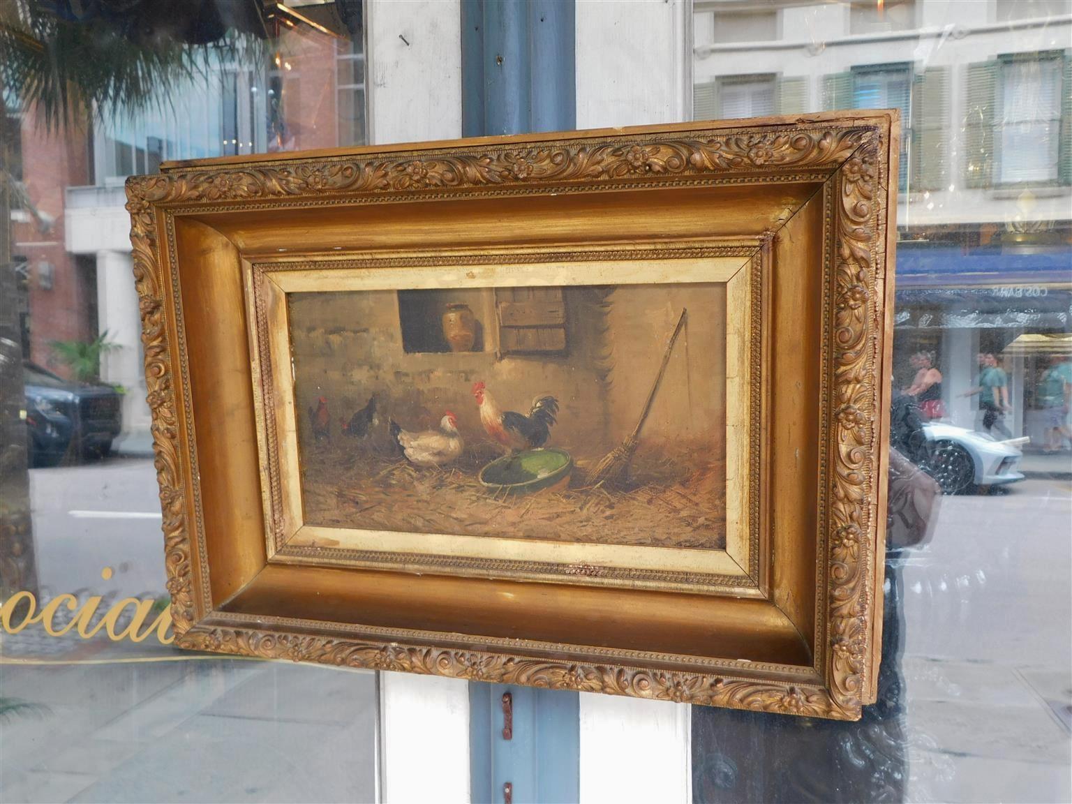 French Painting Oil on Canvas Framed Rooster and Hen Barn Yard Scene, C. 1870 In Excellent Condition In Hollywood, SC