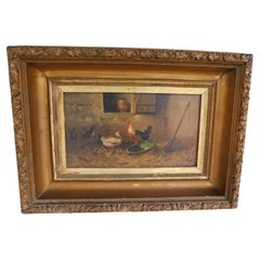French Painting Oil on Canvas Framed Rooster and Hen Barn Yard Scene, C. 1870