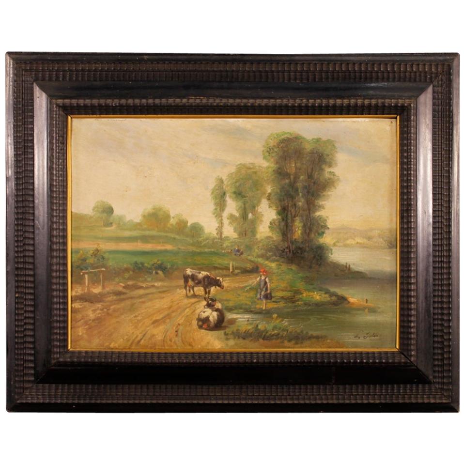 French painting of the 20th century. Oil painting on canvas applied on cardboard with a beautiful pictorial hand. Work signed lower right. Canvas depicting a bucolic landscape with characters and grazing cows. Ebonized guillouche frame in good