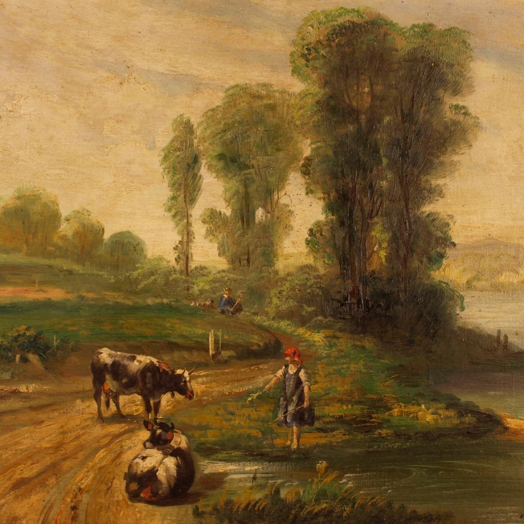 French Painting Signed Bucolic Landscape, 20th Century In Good Condition For Sale In London, GB