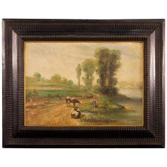 French Painting Signed Bucolic Landscape, 20th Century
