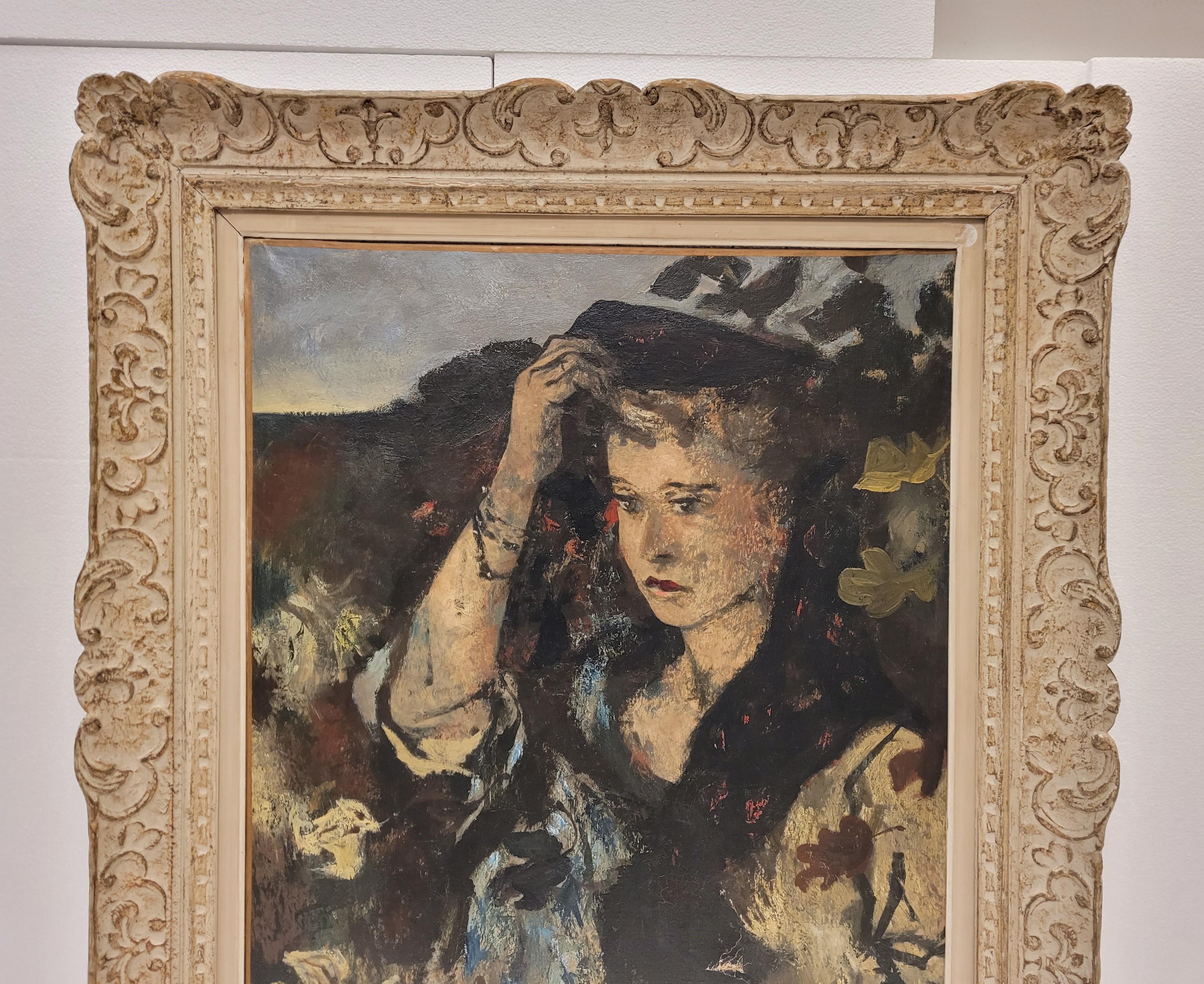Art Deco French Painting woman portrait, Rouland Oudot , Japonisme
