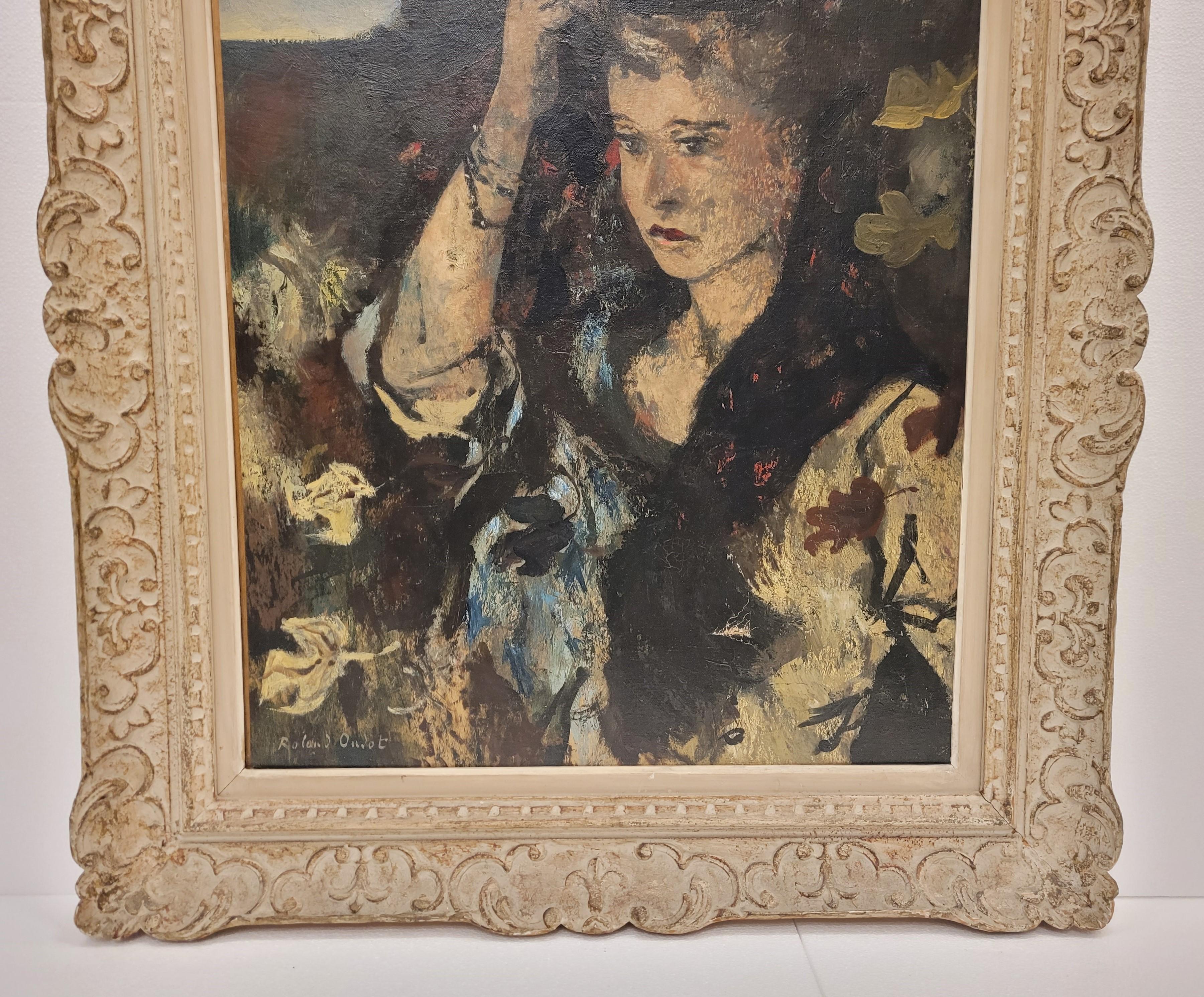 Hand-Painted French Painting woman portrait, Rouland Oudot , Japonisme