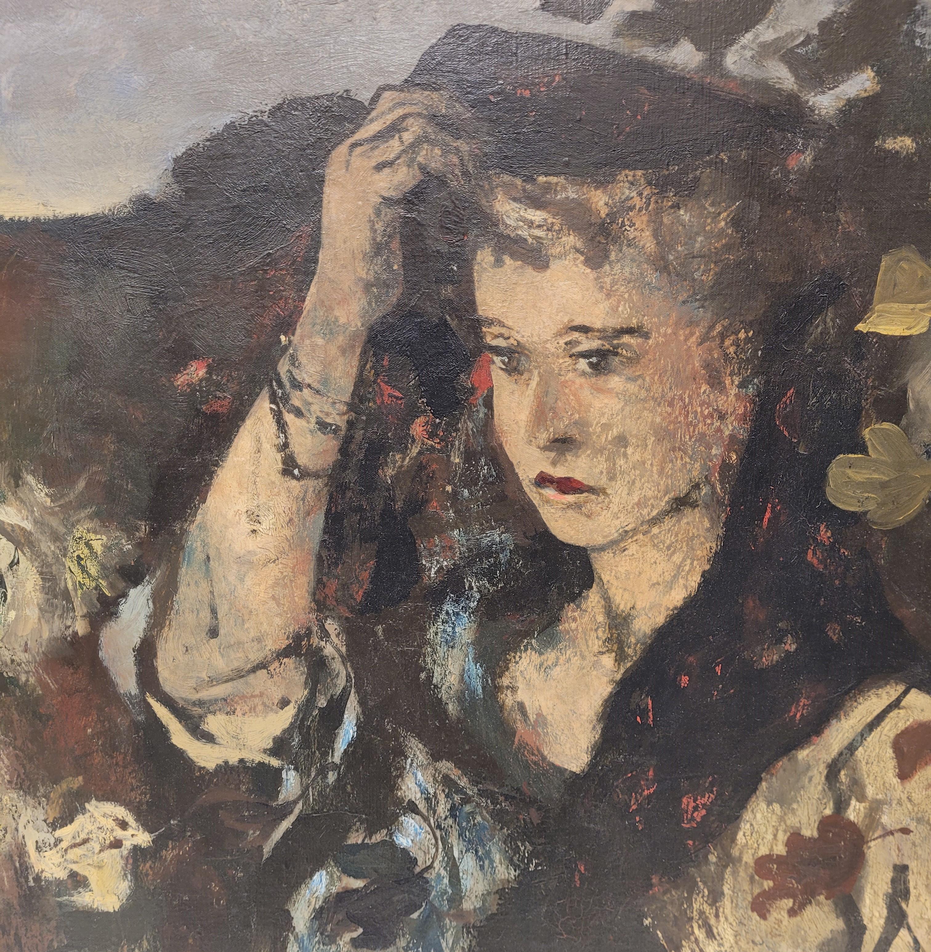 French Painting woman portrait, Rouland Oudot , Japonisme In Good Condition In Valladolid, ES