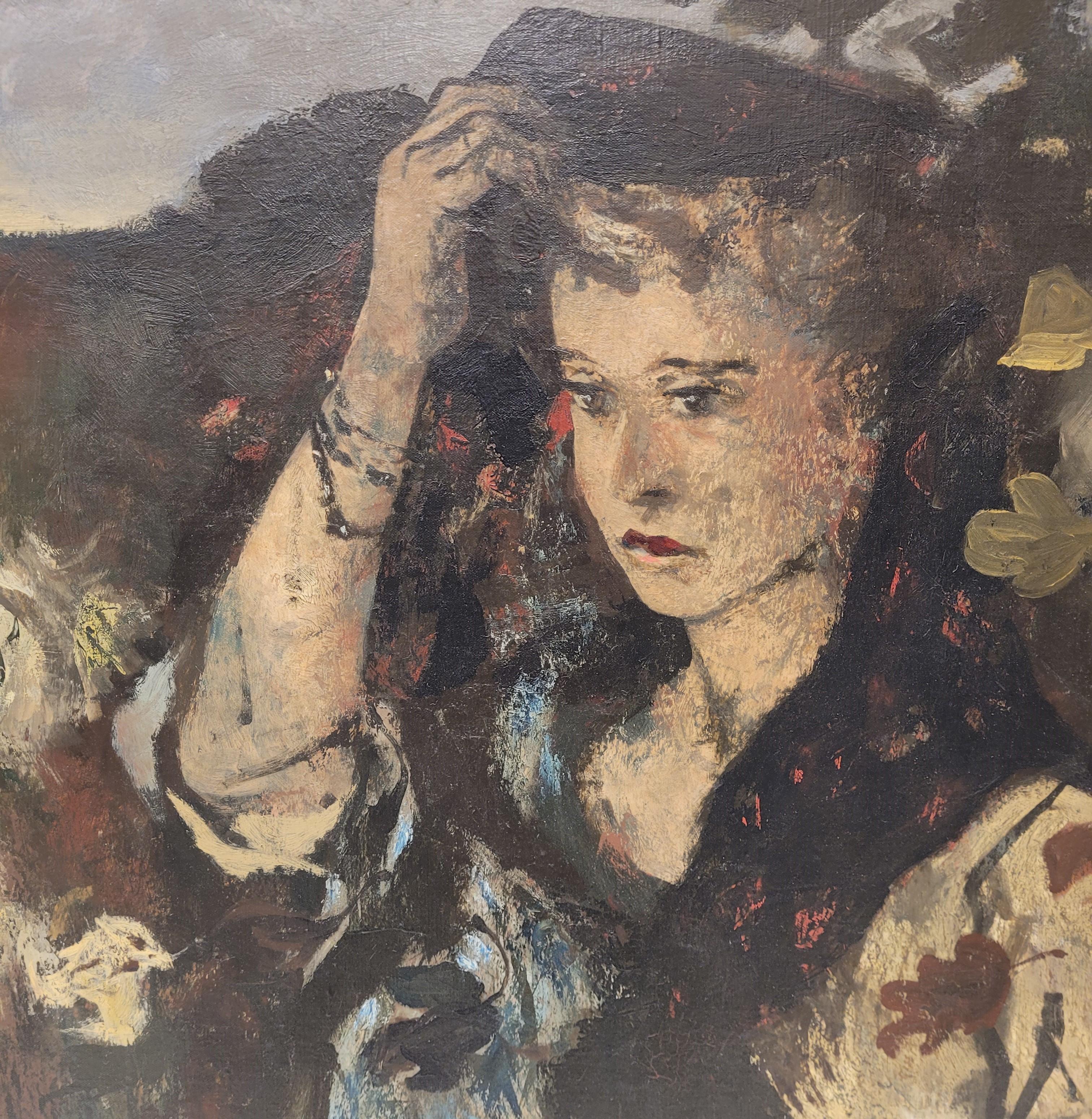 Mid-20th Century French Painting woman portrait, Rouland Oudot , Japonisme