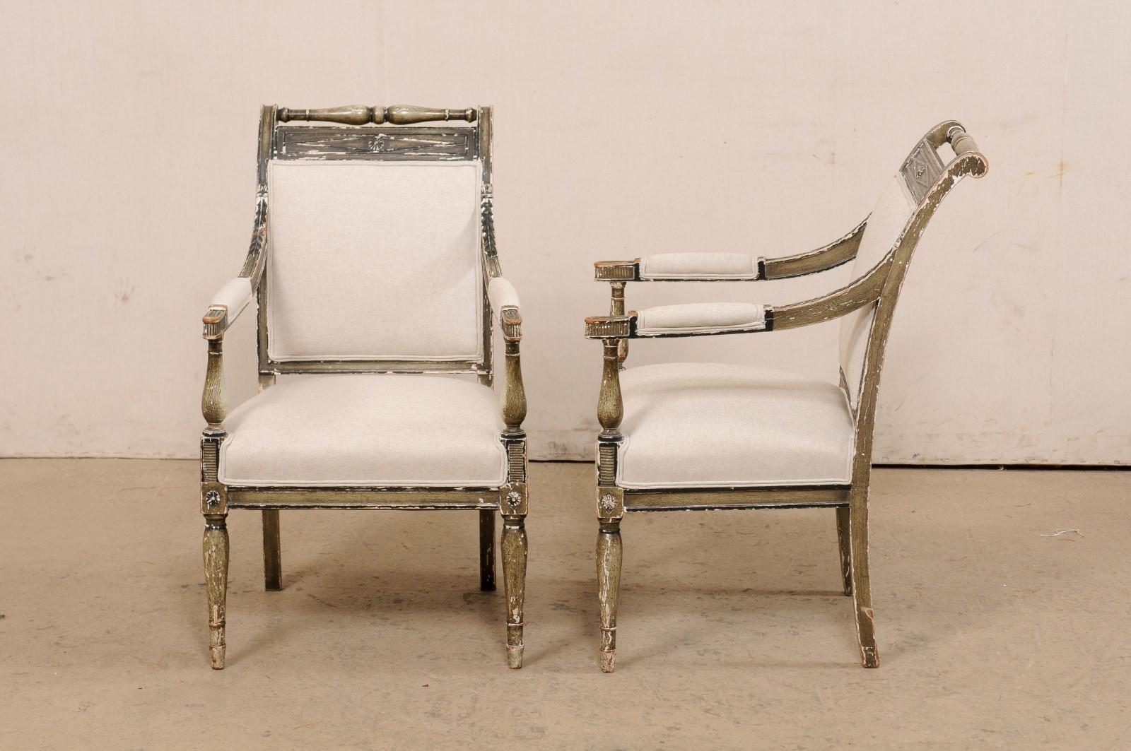 French Pair 19th C. Empire Style Fauteuils, Newly Upholstered in Belgian Linen For Sale 5