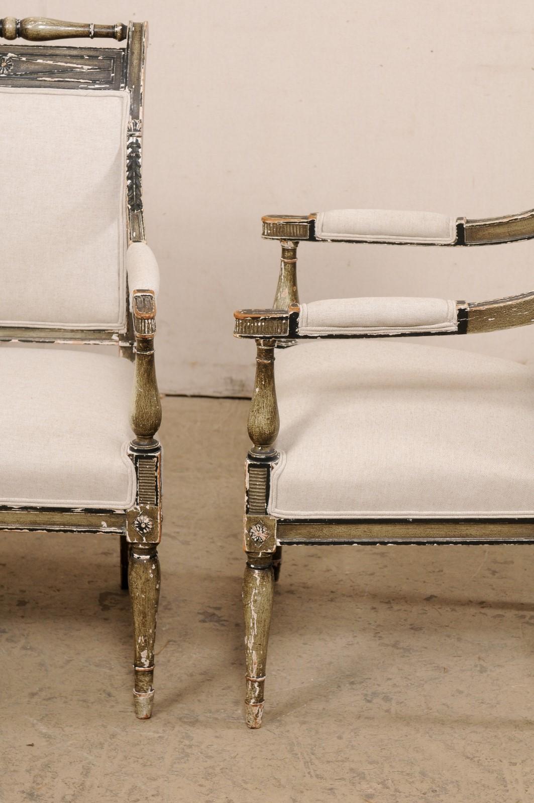 French Pair 19th C. Empire Style Fauteuils, Newly Upholstered in Belgian Linen 6