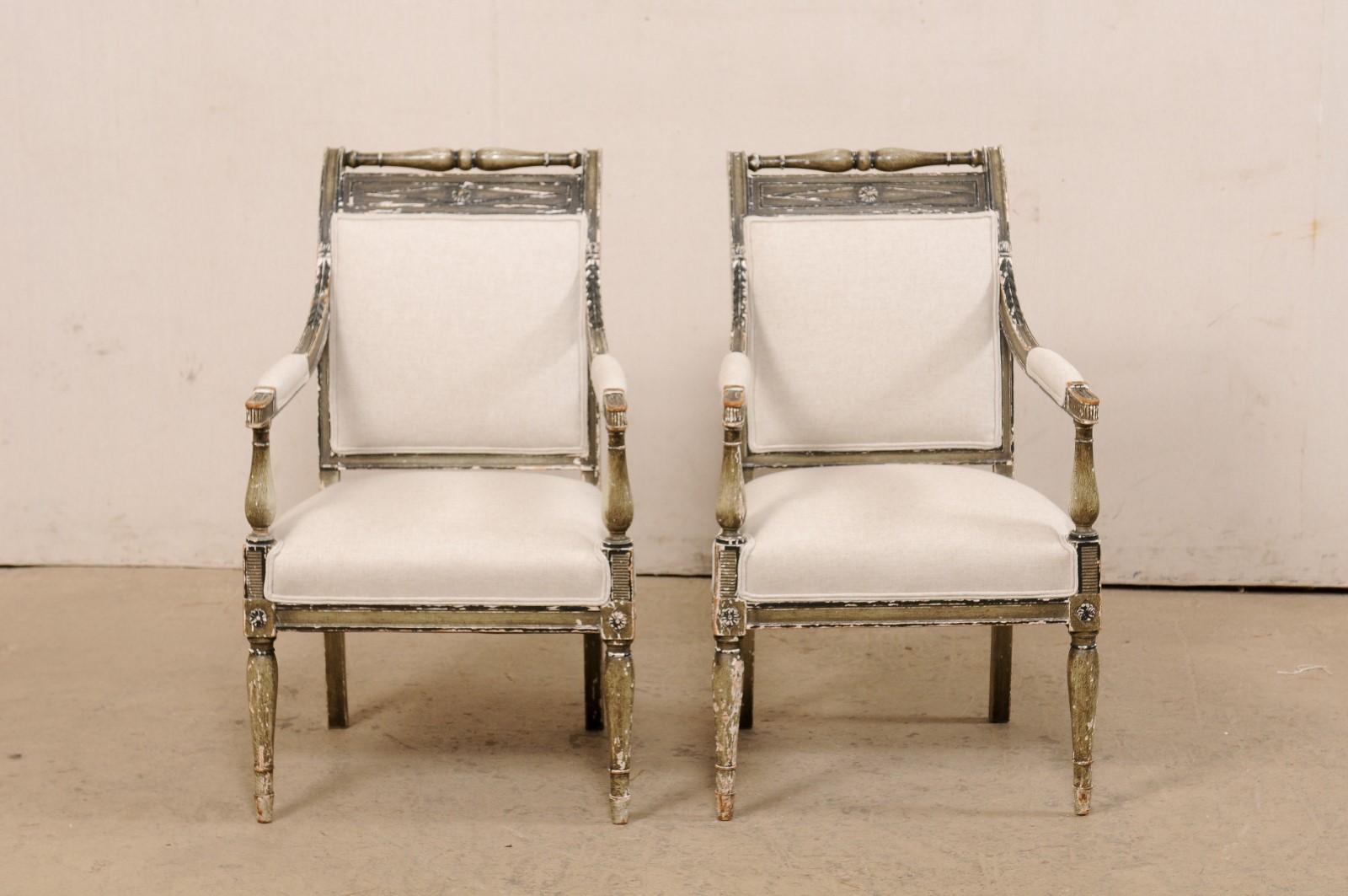 French Pair 19th C. Empire Style Fauteuils, Newly Upholstered in Belgian Linen For Sale 7