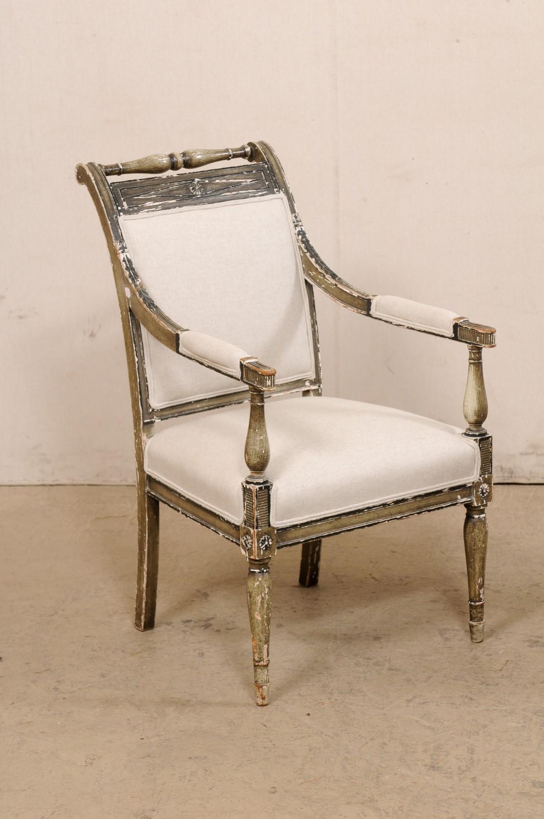 French Pair 19th C. Empire Style Fauteuils, Newly Upholstered in Belgian Linen In Good Condition For Sale In Atlanta, GA