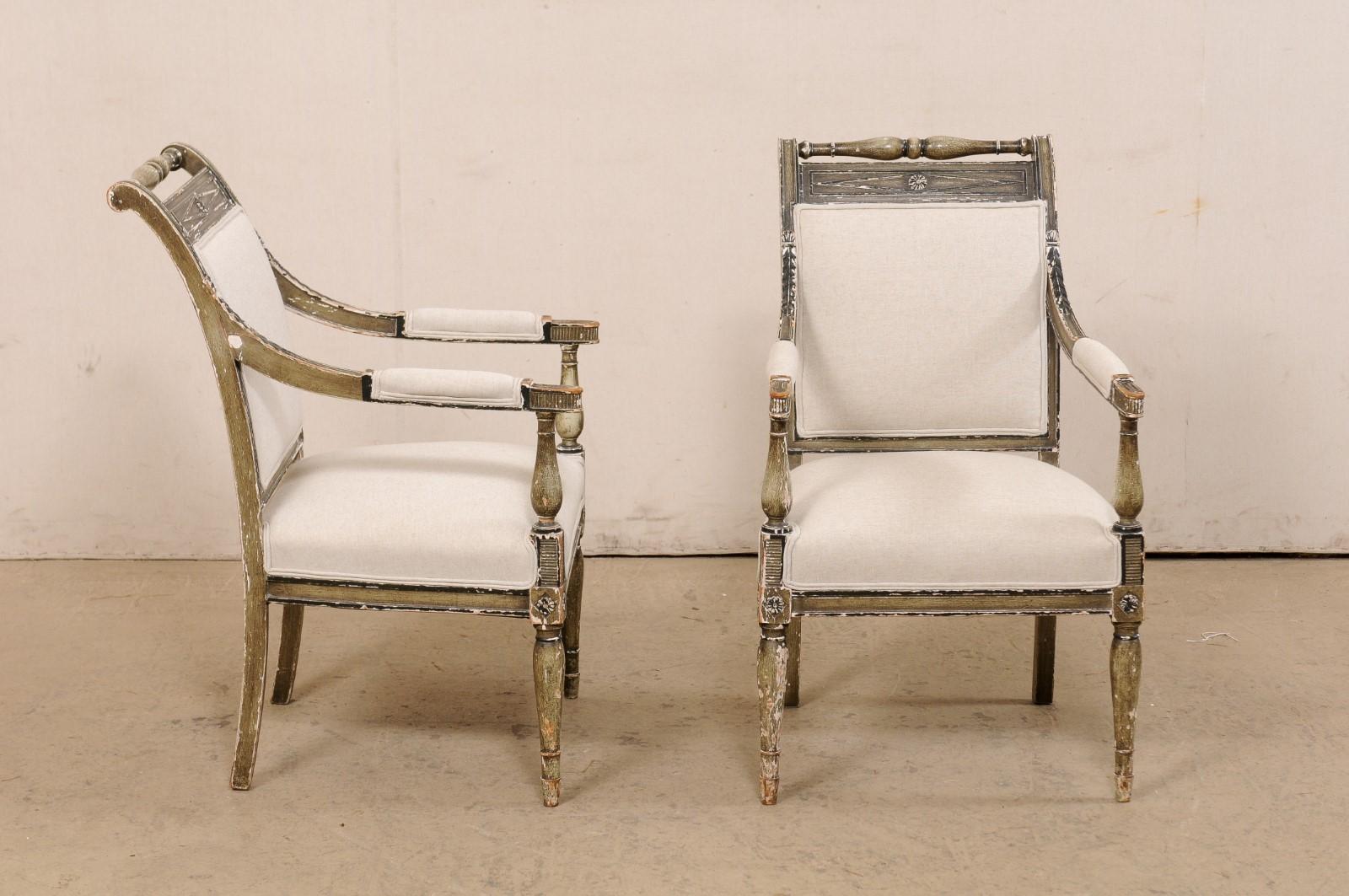 19th Century French Pair 19th C. Empire Style Fauteuils, Newly Upholstered in Belgian Linen For Sale