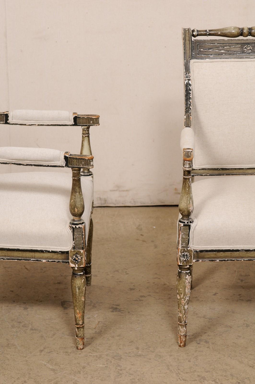 Wood French Pair 19th C. Empire Style Fauteuils, Newly Upholstered in Belgian Linen For Sale