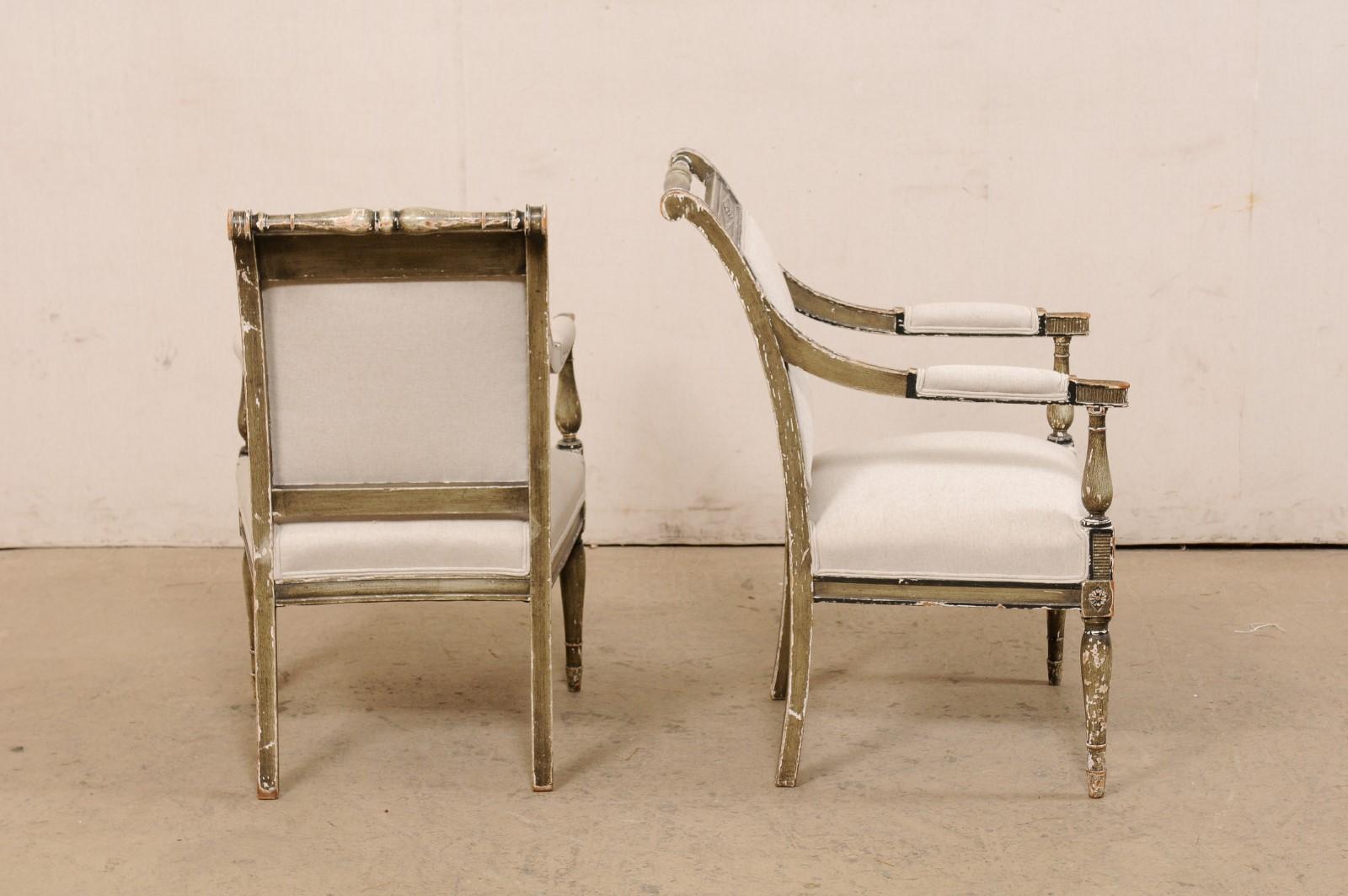 French Pair 19th C. Empire Style Fauteuils, Newly Upholstered in Belgian Linen For Sale 2