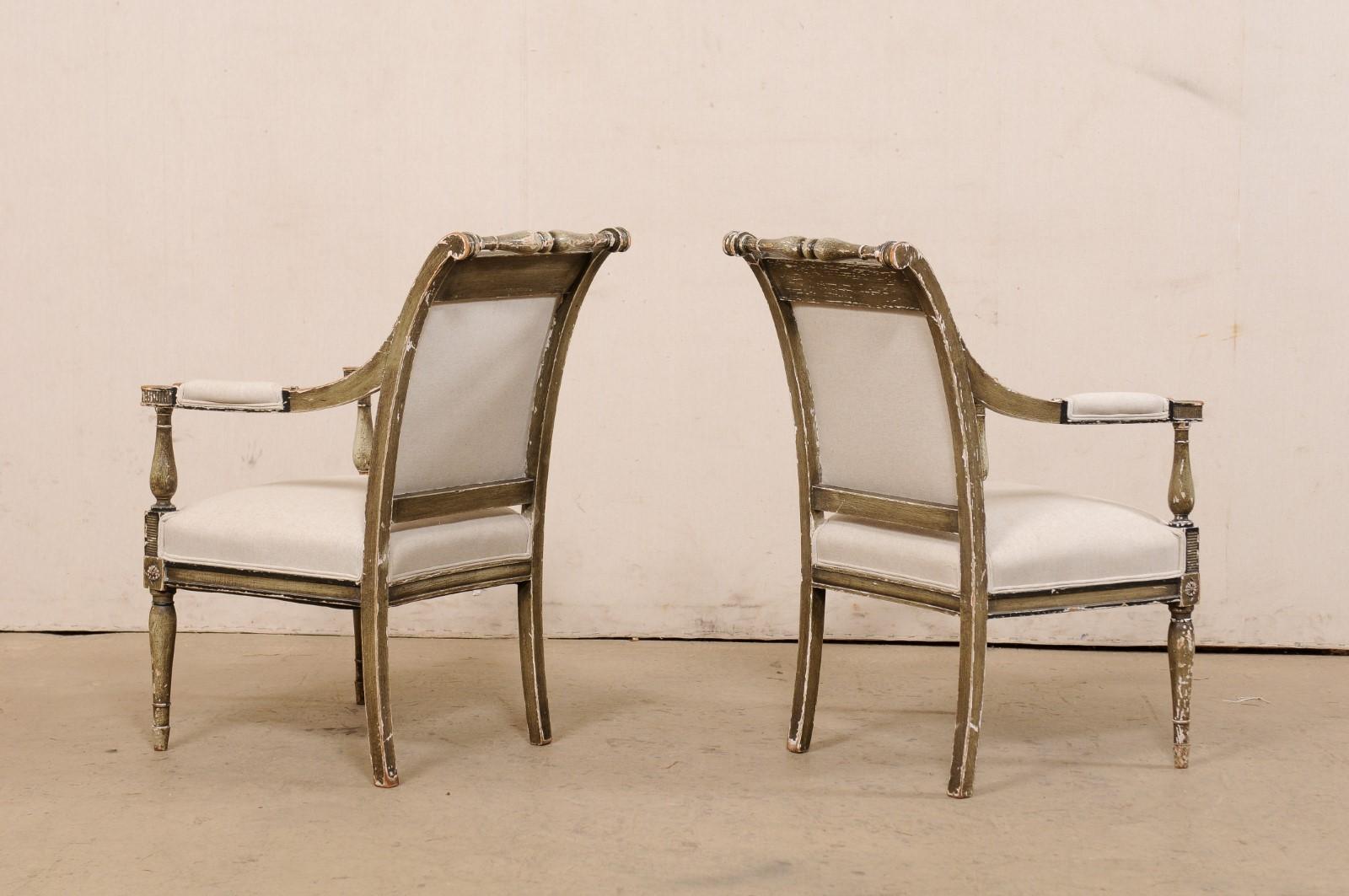 French Pair 19th C. Empire Style Fauteuils, Newly Upholstered in Belgian Linen For Sale 3