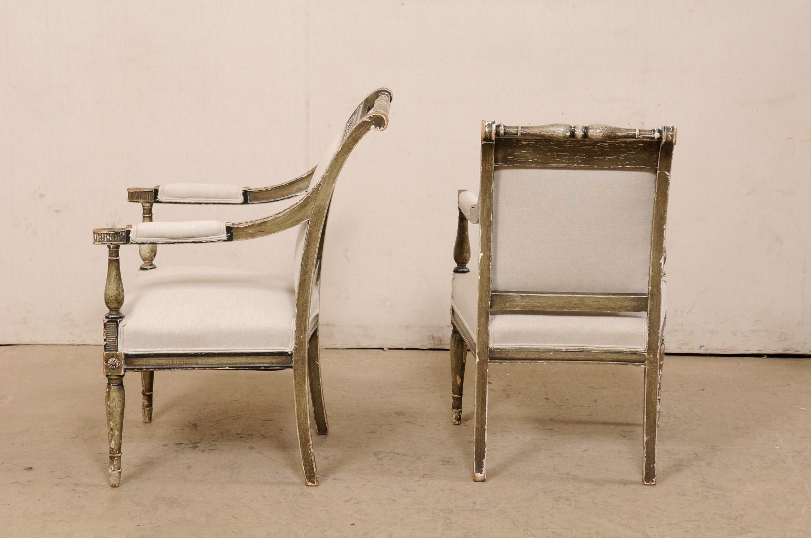 French Pair 19th C. Empire Style Fauteuils, Newly Upholstered in Belgian Linen 4